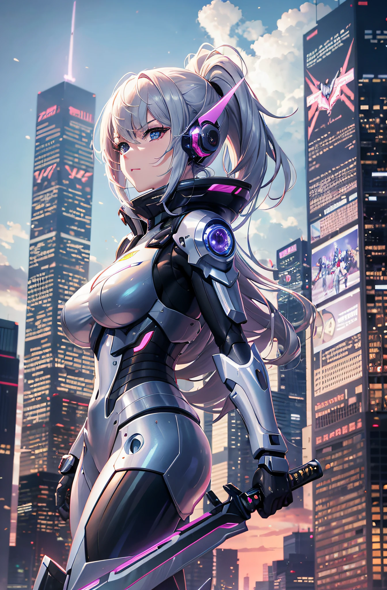 a woman in a futuristic suit holding a sword in front of a city, best anime 4k konachan wallpaper, cyberpunk anime girl mech, girl in mecha cyber armor, anime mecha aesthetic, mecha asthetic, modern mecha anime, anime wallpaper 4k, anime wallpaper 4 k, female mecha, from arknights, badass anime 8 k