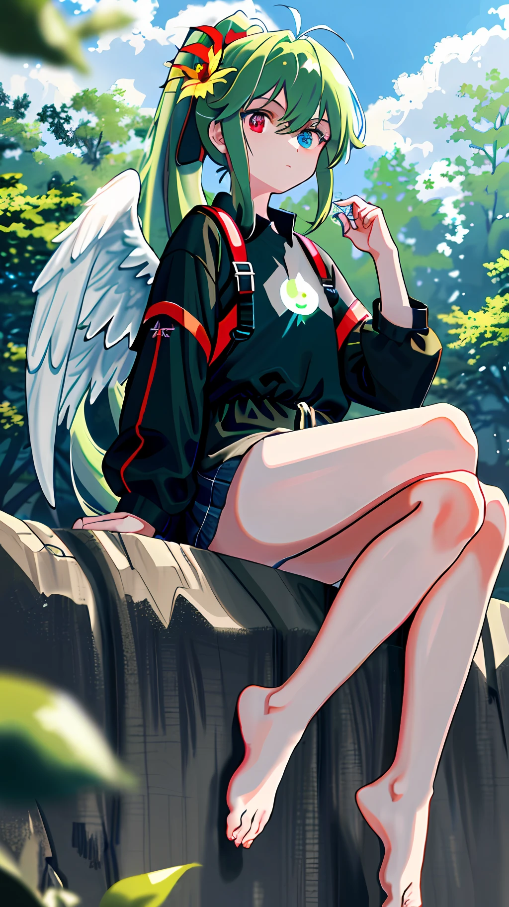 (8k, best quality, masterpiece: 1, 2), top quality, masterpiece, underwear without panties, glasses, green hair, long hair, bangs, big ponytail, heterochromic pupil, blue pupil of left eye, red pupil of right eye, blue eye of left eye, red eye of right eye, angel wings, head ring, white head flower, casual wear, black backpack strap, neck strap, bare foot, bare foot, single foot, ankle ring, leg ring, flat chest, tomboy, outdoor exposure, edge rubbing, leaky flesh, whole fruit