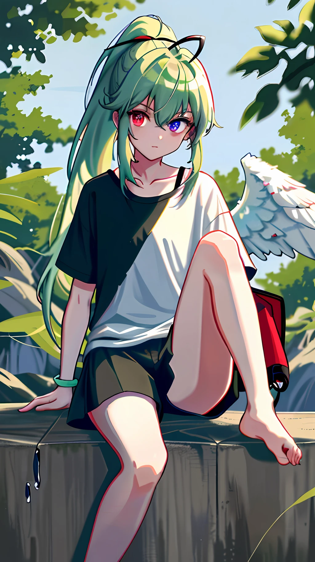 (8k, best quality, masterpiece: 1, 2), top quality, masterpiece, underwear without panties, glasses, green hair, long hair, bangs, big ponytail, heterochromic pupil, blue pupil of left eye, red pupil of right eye, blue eye of left eye, red eye of right eye, angel wings, head ring, white head flower, casual wear, black backpack strap, neck strap, bare foot, bare foot, single foot, ankle ring, leg ring, flat chest, tomboy, outdoor exposure, edge rubbing, leaky flesh, whole fruit