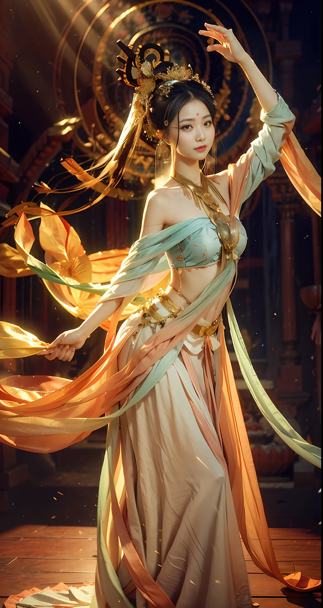 (RAW Photo, Best Quality), (Realistic, Photorealistic Real: 1.3), Best Quality, Highly Detailed, Masterpiece, Ultra Detailed, Illustration, 1 Girl, upper_body, Dynamic Angle, World Mastery Theater, messy_long_hair, Best Quality, Extremely Delicate Beautiful Girl, Supple Fair Skin, Delicate Facial Features, Perfect Face, Sexy Collarbone, Dance, dunhuang_dress, Dance, l Delicate forehead hands, Delicate eyelashes, delicate eyes, bare shoulders, stunning beauty, extreme details, realistic details, abdomen, navel, extremely detailed CG unified 8k wallpaper, amazing, sexy, peach blossom eyes, light makeup, smile, movie lights, lens_flare, dunhuang_style, mother-in-law dance, bare shoulders, streamers, floating, lanterns, flying pipa girl,