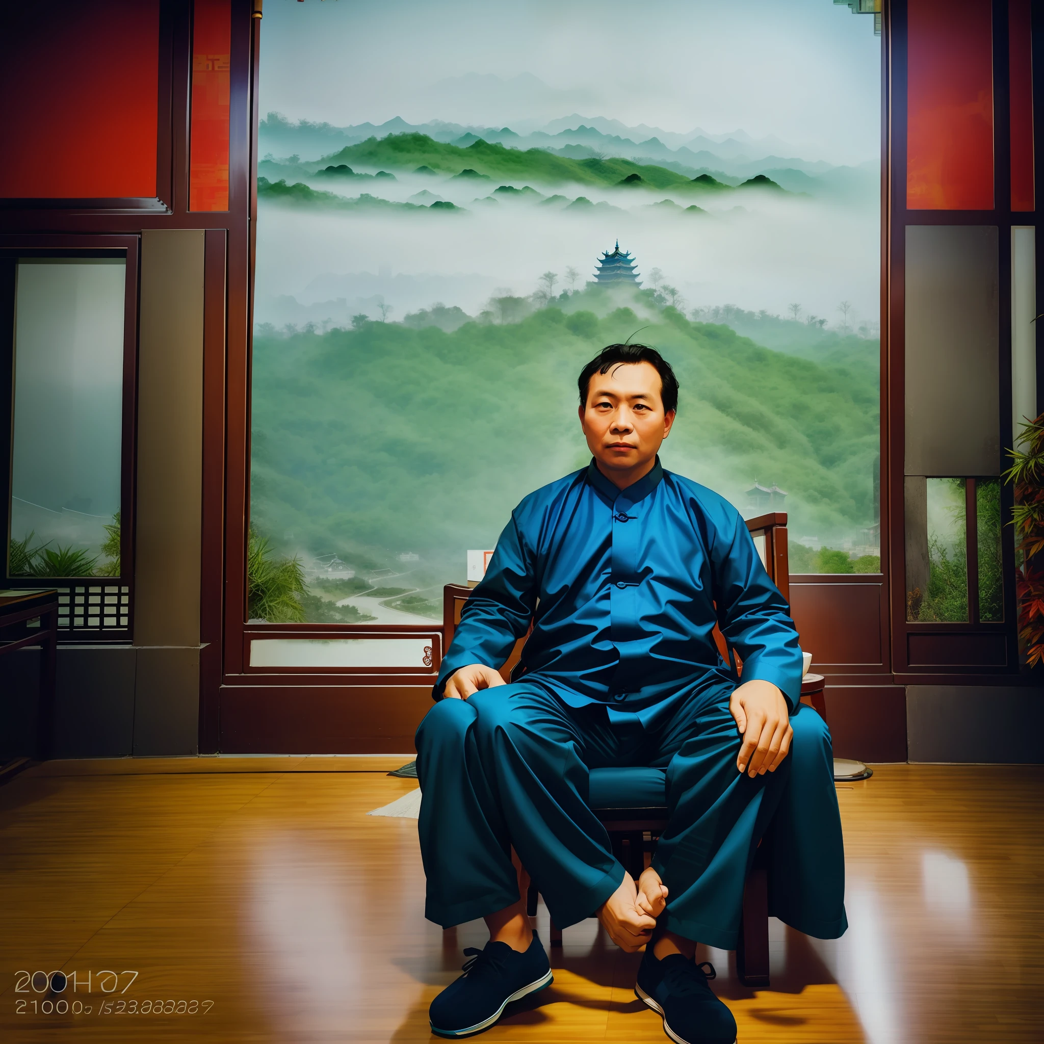 Photograph of Mahoguo looking at the viewer, cityscape, China, ancient