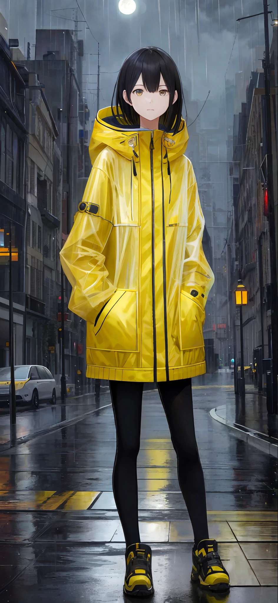 1girl, yellow jacket, raining, moon, street, outdoors, open jacket, hand pocket, looking at another person, messy long hair, trend on artstation, 8k resolution, very detailed, anatomically correct, clear image, digital painting, concept art, trend on pixiv, Shinkai Makoto style,