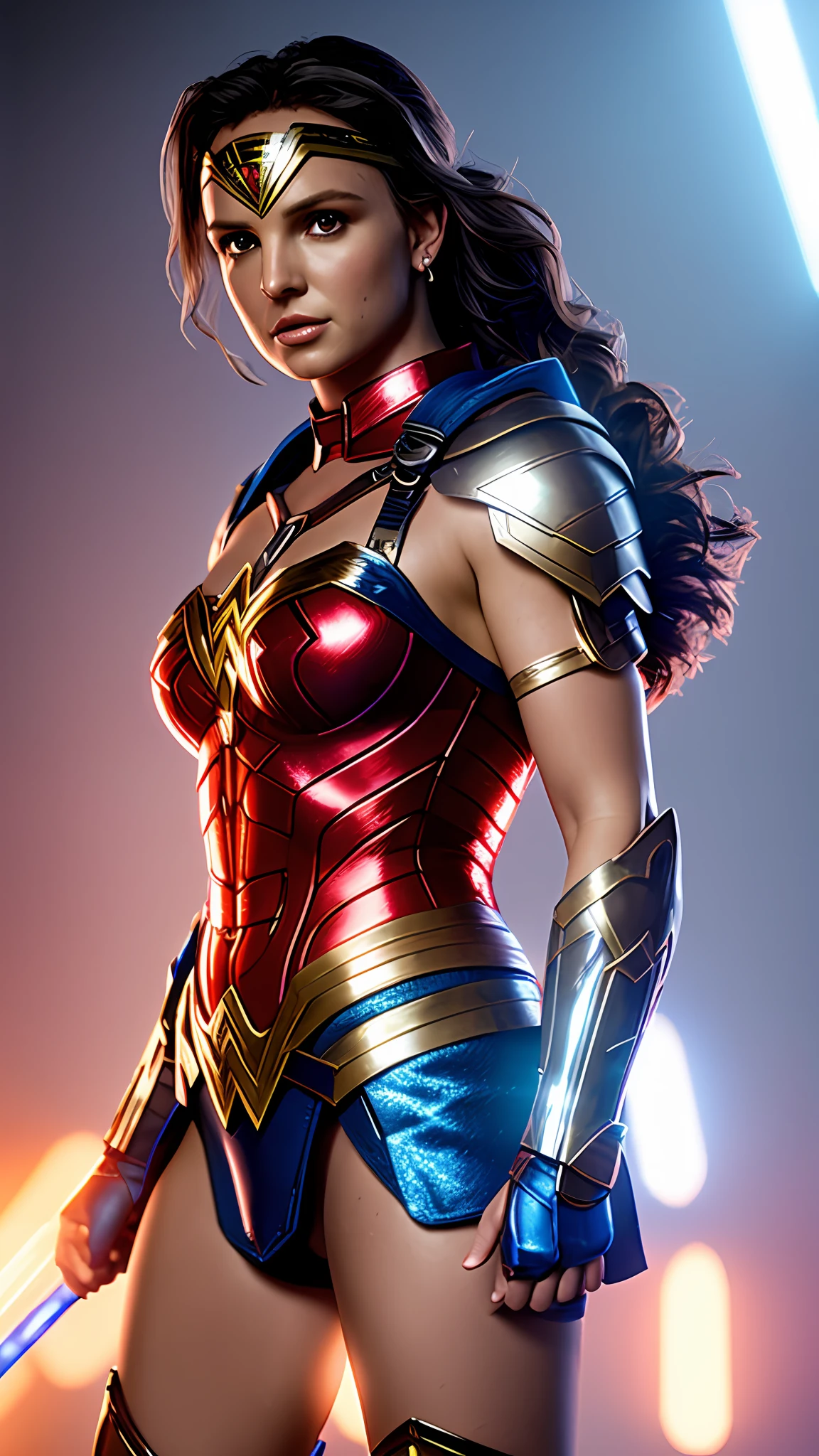 Britney Spears, wonder woman, red and blue armor, photography, soft lighting, soft details, octane, artstation trend, ultra high detail, ultra realistic, cinematic, 16k