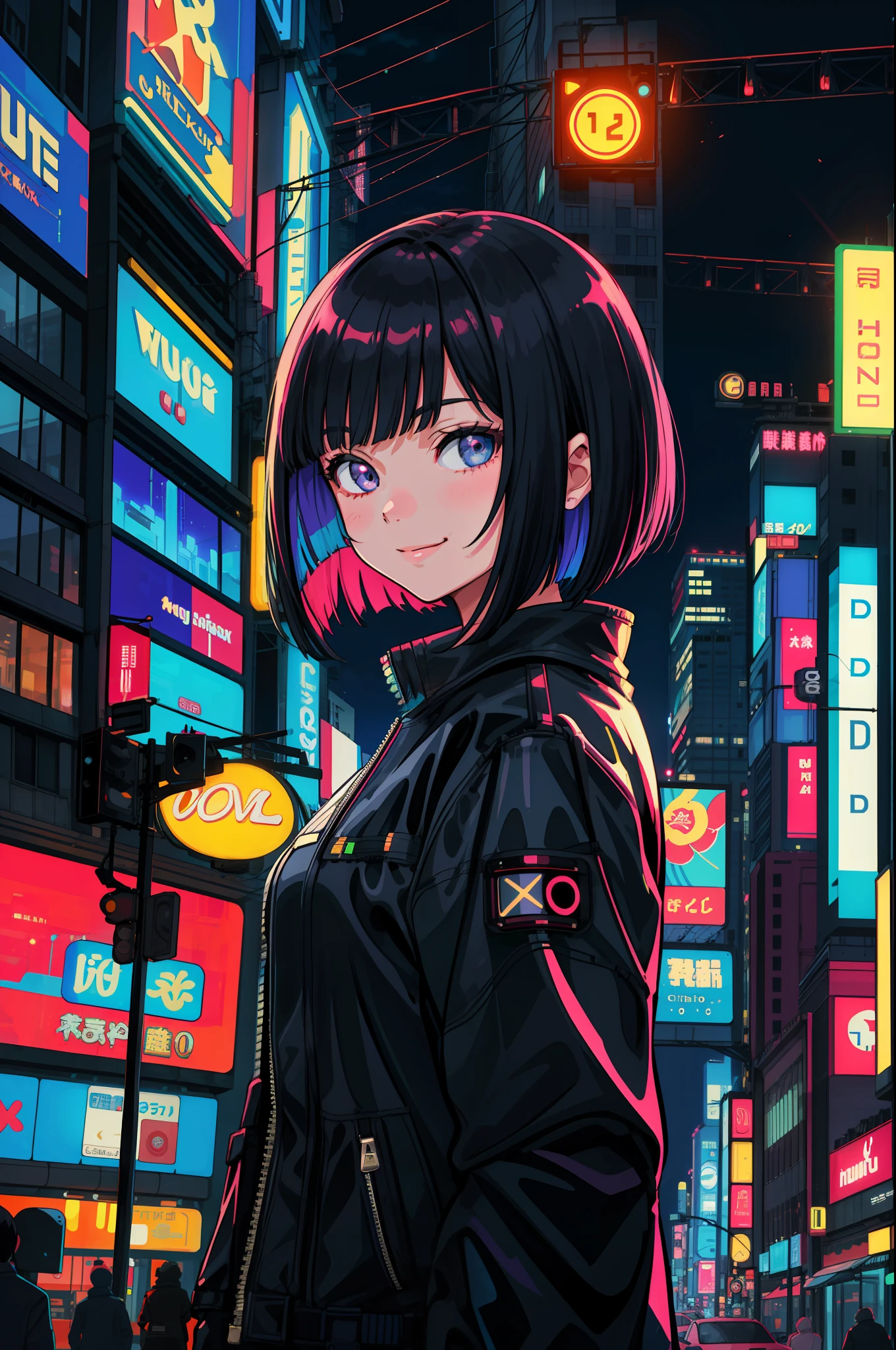 masterpiece, best quality, one girl, 20 year old beautiful girl, bob-cut hair, solo, night, colorful, cityscape, cyberpunk, light smile, city pop, vector illustration, neon light,