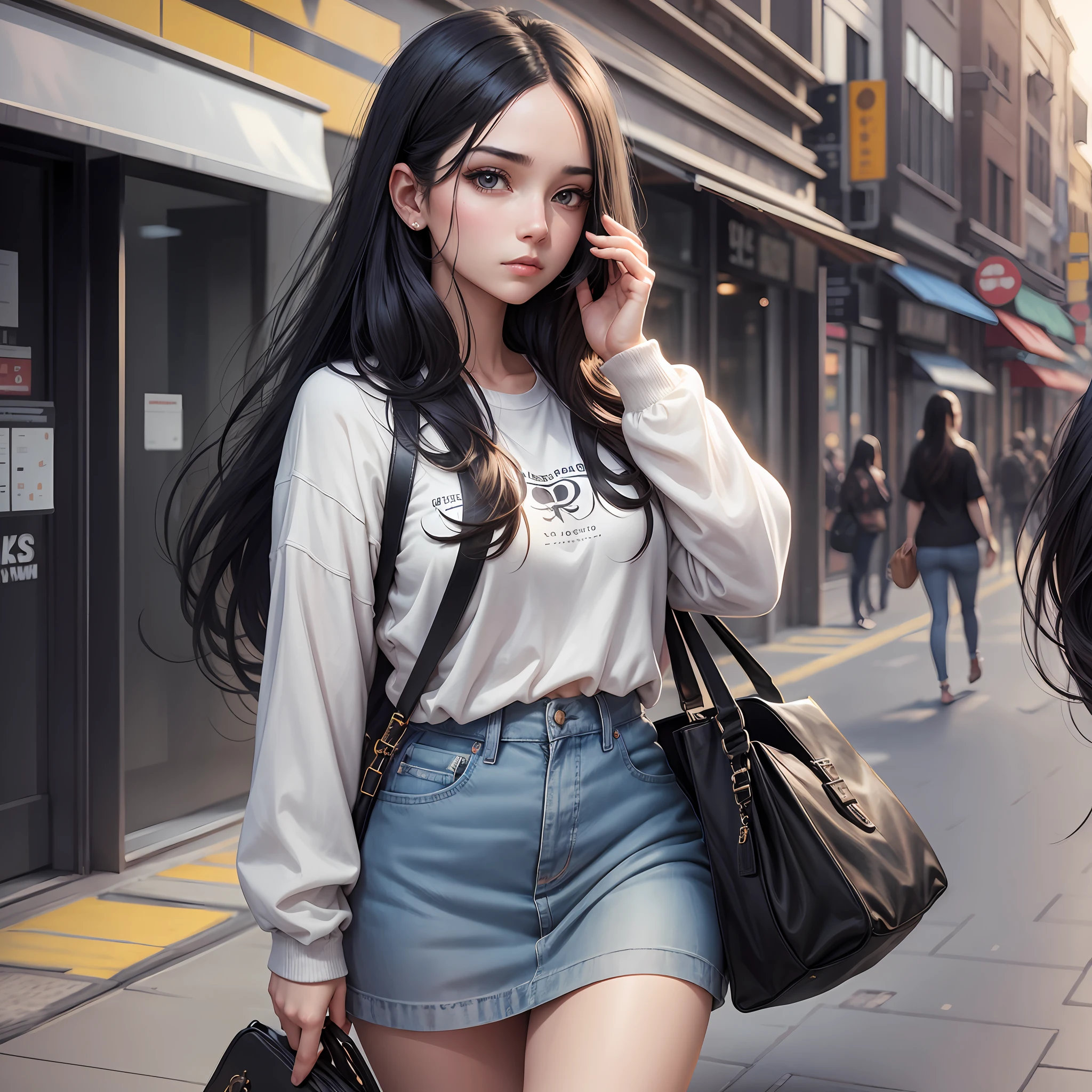 A beautiful young woman, with long black and bright hair, wearing casual clothes, her expression is melancholy, her eyes look into the distance from time to time, carrying a bag, walking on the streets of the city, without background, comics, illustrations --auto --s2