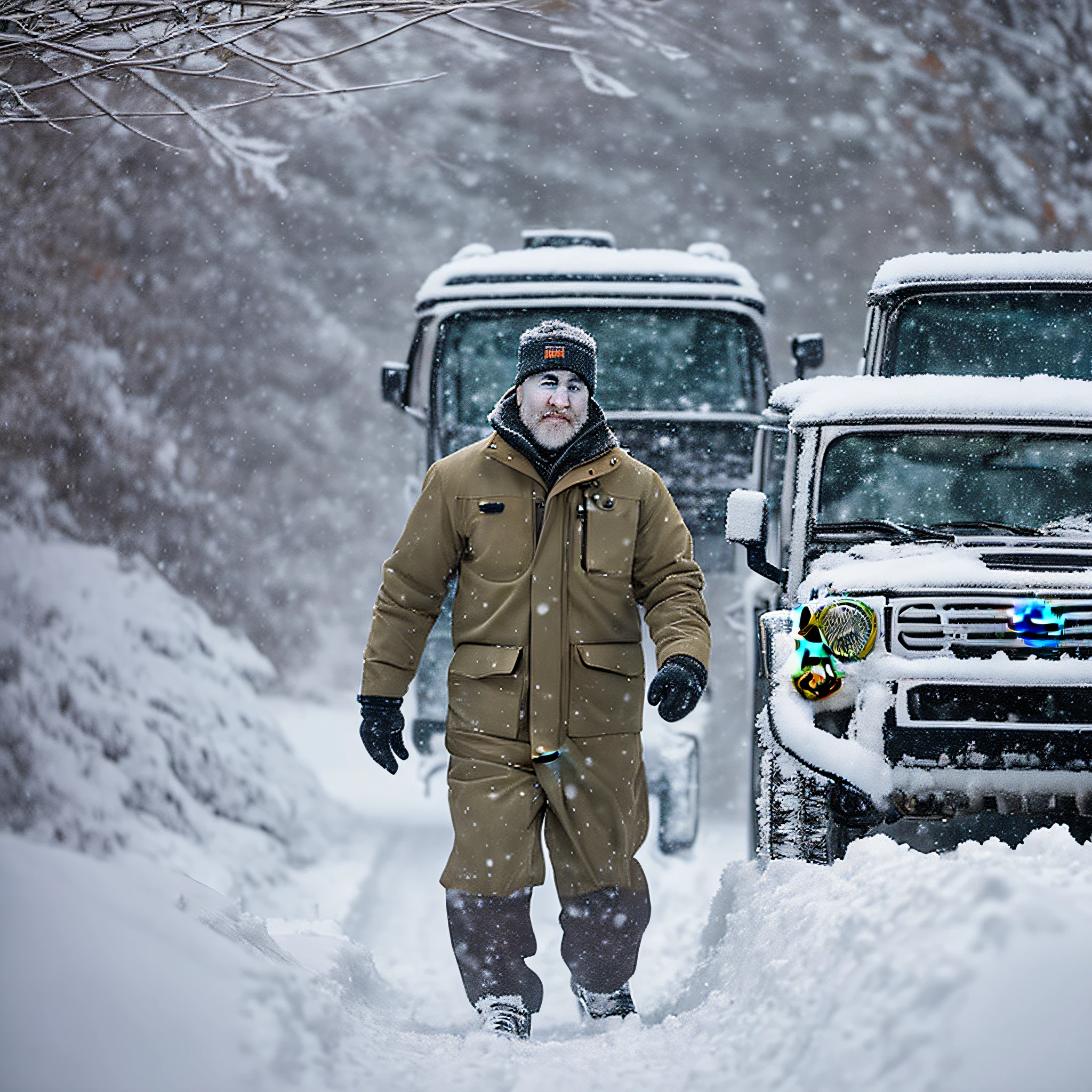 In the freezing embrace of winter, mailman Henry steps out of his Chrome Toyota FJ Cruiser into a snow-covered landscape. The camera captures the scene cinematically, utilizing a wide-angle lens to emphasize the vastness of the snowy terrain. As Henry battles the elements, the lens choice, a versatile 50mm prime, reveals intricate details, from falling snowflakes to frosted branches. The camera follows Henry's every step, showcasing his determination amidst the biting wind. Each delivery becomes a triumph, against a backdrop of serene stillness. With intermittent wide shots, the audience witnesses Henry's progress, highlighting his unwavering commitment in this tale of resilience.