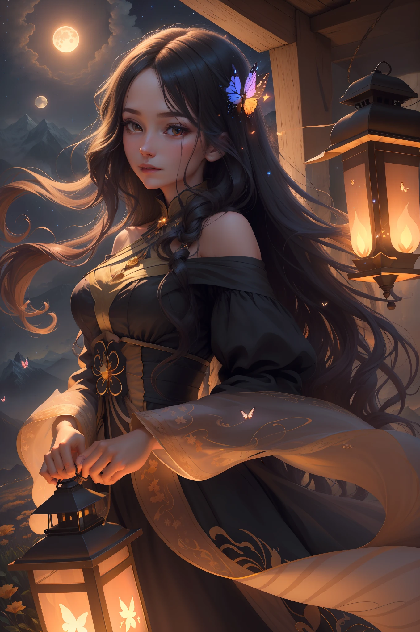 [Highest quality], [stunning] CG illustrations, [dynamic posture] woman with exquisite facial features. Lanterns swaying in the mountains at night, clouds fluttering, full moon illuminating. Her long hair swayed, silhouettes floating, fireflies and butterflies fluttering, and starlight twinkling. The blessings of light come.