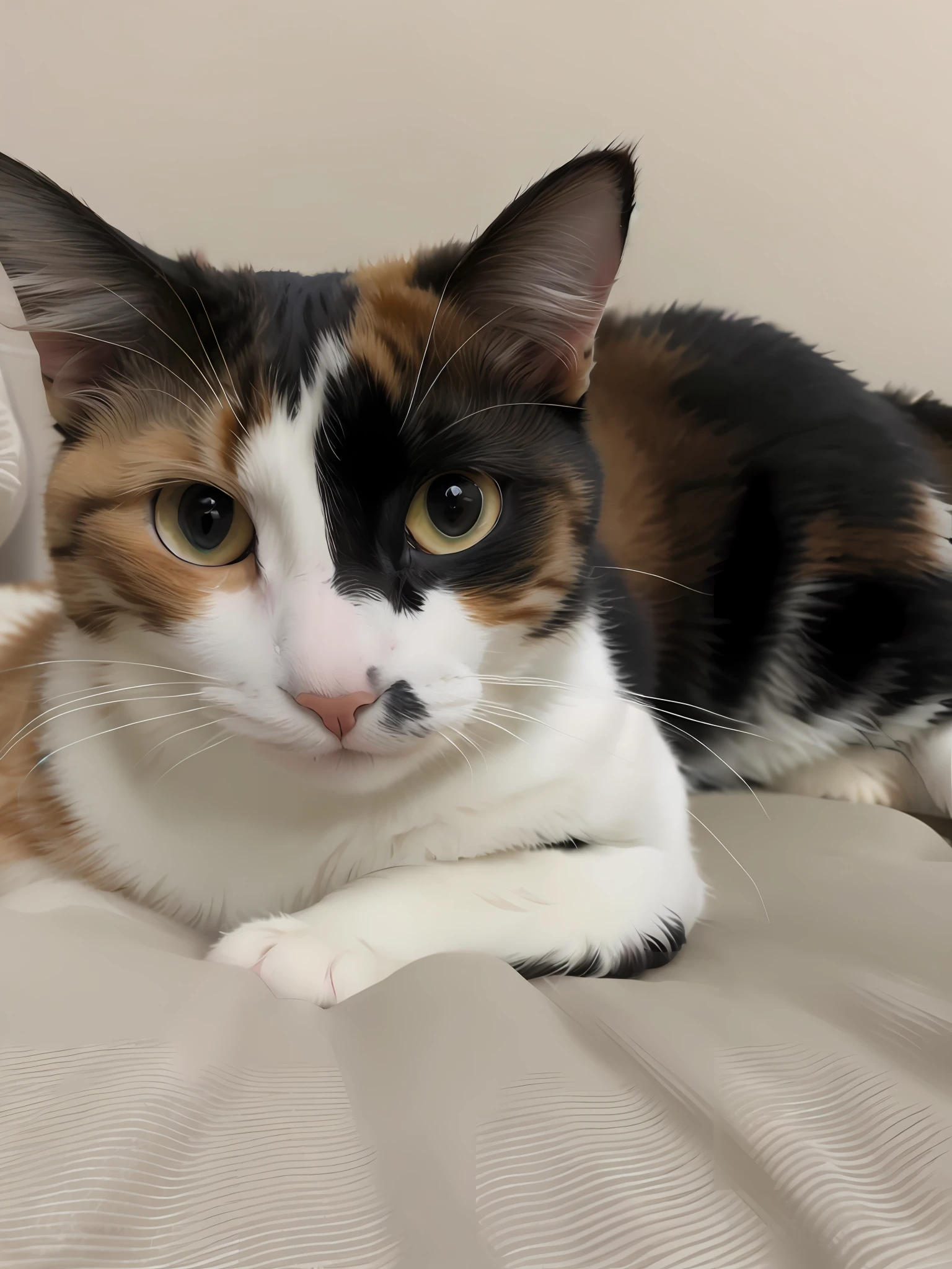 Cat lying on the grass, calico cat, she is facing the camera, white with chocolate brown spots, looking at the camera affectionately, she has a cute face, she is about 1 6 , cute look