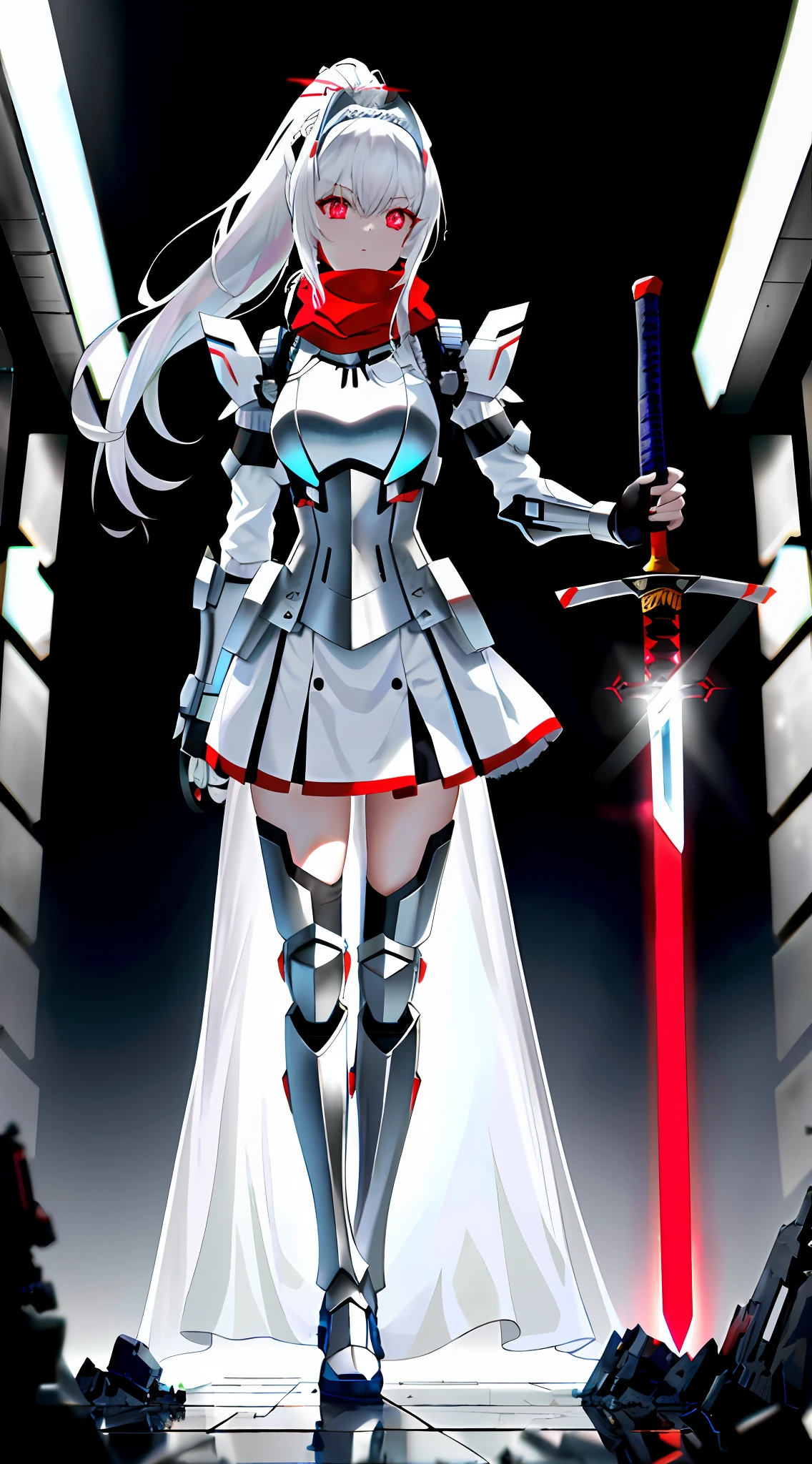 Very accurate detail, highly detailed 8K wallpaper, (Extraordinary Pretty Girl: 1.5), Broken, Light White Hair, Ponytail, White Miniskirt, (Red Glowing Eyes: 1.1), Fracture, Perfect Five Fingers, Headdress, Fracture, (Dynamic Angle: 1.4), Blue Translucent Longsword, Full Body, Standing, Sci-Fi Exoskeleton, Red Scarf, Holding a Sword,