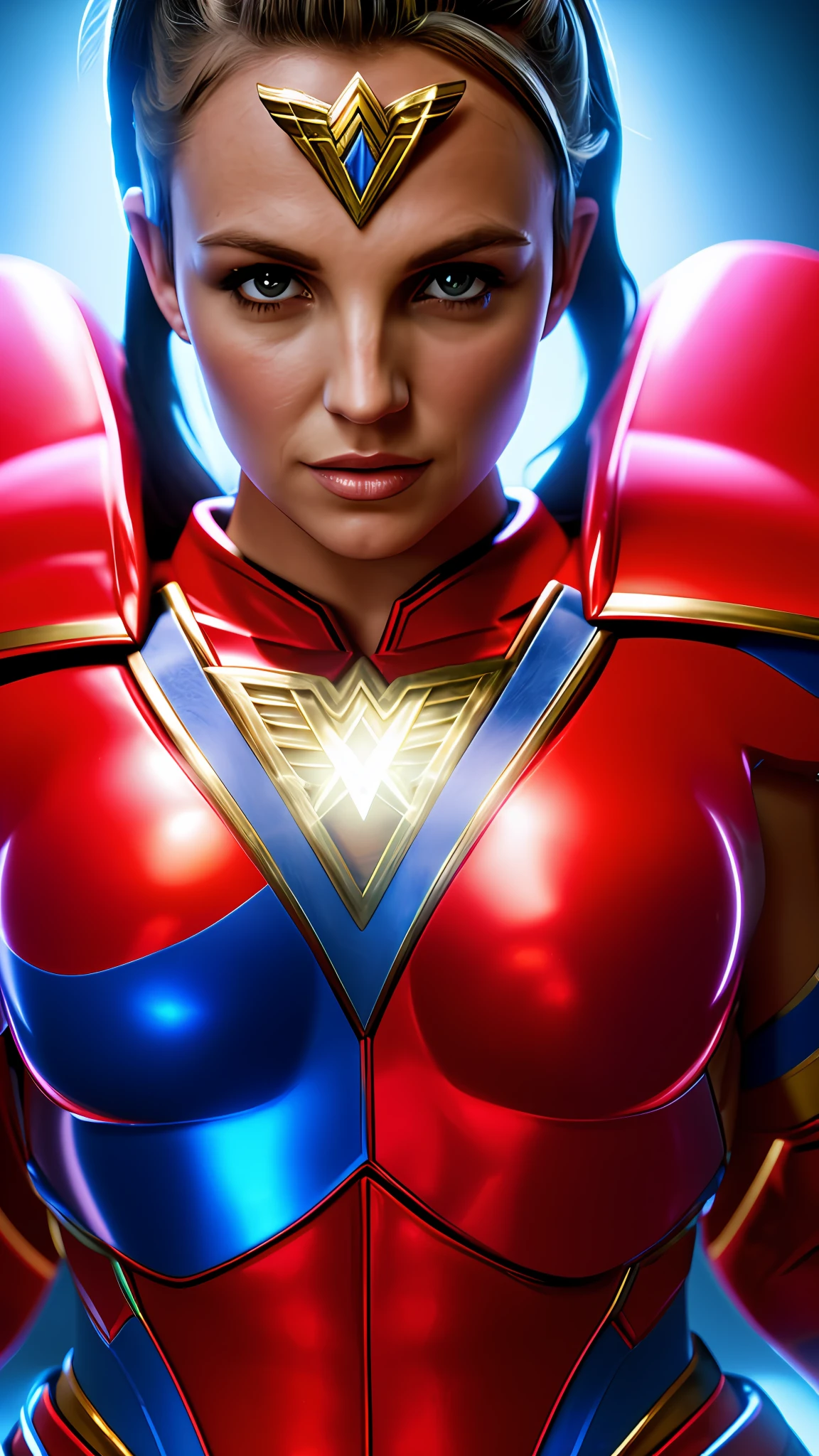 Britney Spears, wonder woman, red and blue armor, photography, soft lighting, soft details, octane, artstation trend, ultra high detail, ultra realistic, cinematic, 16k
