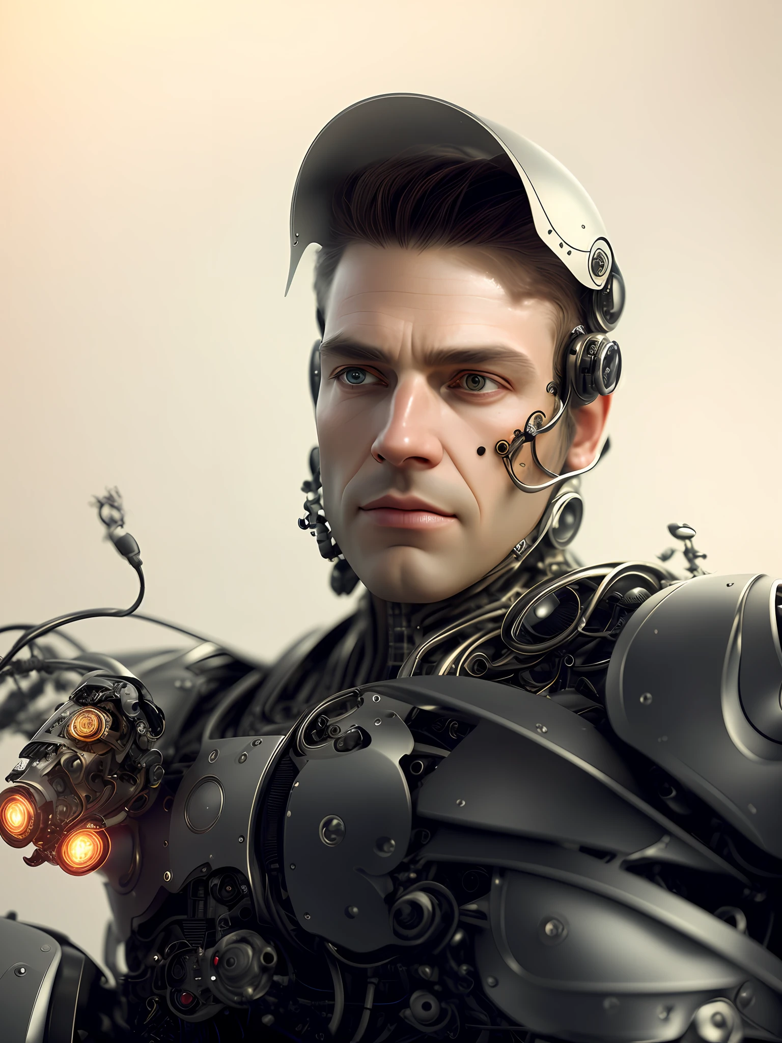(masterpiece, best quality, (rendered in real photo)), intricate details, looking at the viewer, portrait, photo, complex ultra detailed, android man, cyborg, robotic parts, robotic parts on intricate head, 150 mm, beautiful soft studio light, rim light, vibrant details, luxurious cyberpunk, lace, hyper-realistic, anatomical, electrical cables, microchip, elegant, beautiful background, octane rendering, HR Giger style,  8k, best quality, masterpiece, illustration, extremely delicate and beautiful, extremely detailed, CG, unit, wallpaper, (realistic, photorealistic: 1.37), amazing, finely detailed, masterpiece, best quality, official art, 8k unit wallpaper CG extremely detailed, absurd, incredibly absurd, robot