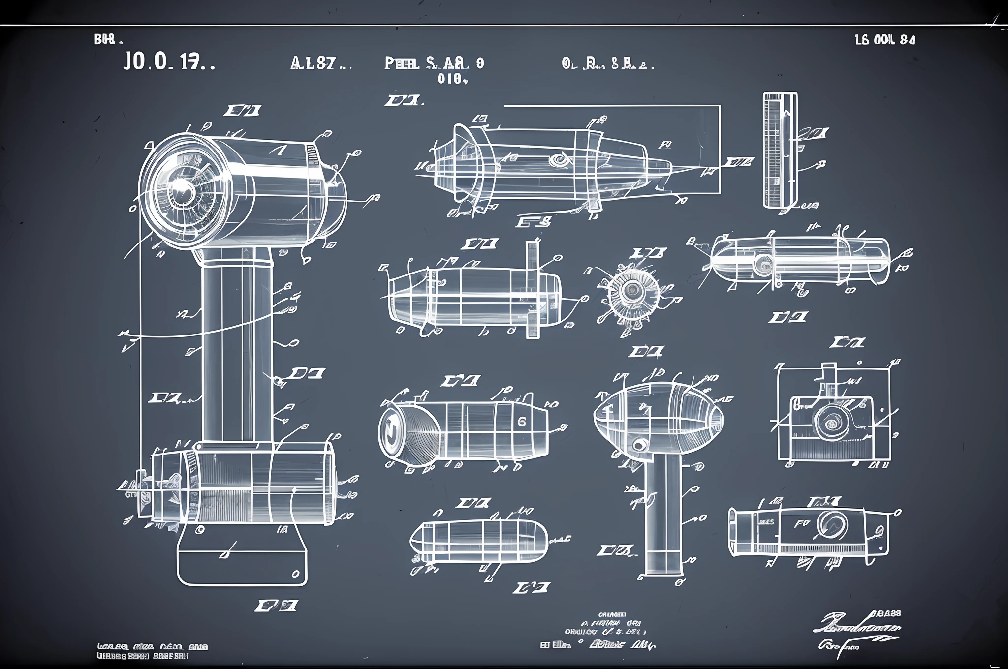 Retro ray gun toy in the style of a patent art image