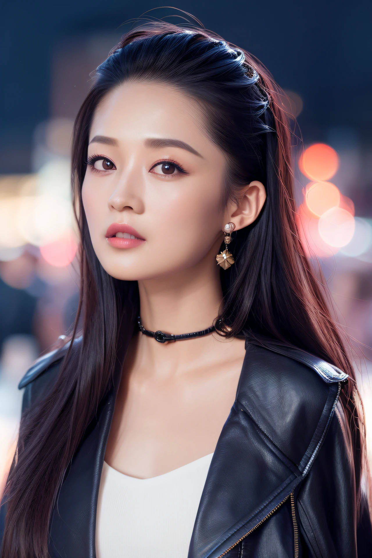 (jacket:1.5), depth of field, night cityscape, (1girl:1.6), long hair, ulzzang-6500v1.1, (original: 1.2), (realistic: 1.3) , beautiful girl with beautiful details, extremely detailed eyes and face, eyes with beautiful details, absurd, incredibly absurd, huge file size, ultra detail, high resolution, ultra detailed, best quality, masterpiece, illustration, ultra detailed and beautiful, ultra detailed, CG, unity, 8k wallpaper, amazing, fine Detail, masterpiece, top quality, official art, extremely detailed CG unity 8k wallpaper, cinematic lighting, (perfect shiny skin:0.6), slim and smooth lines, (floating), (small breasts:1), earrings ,