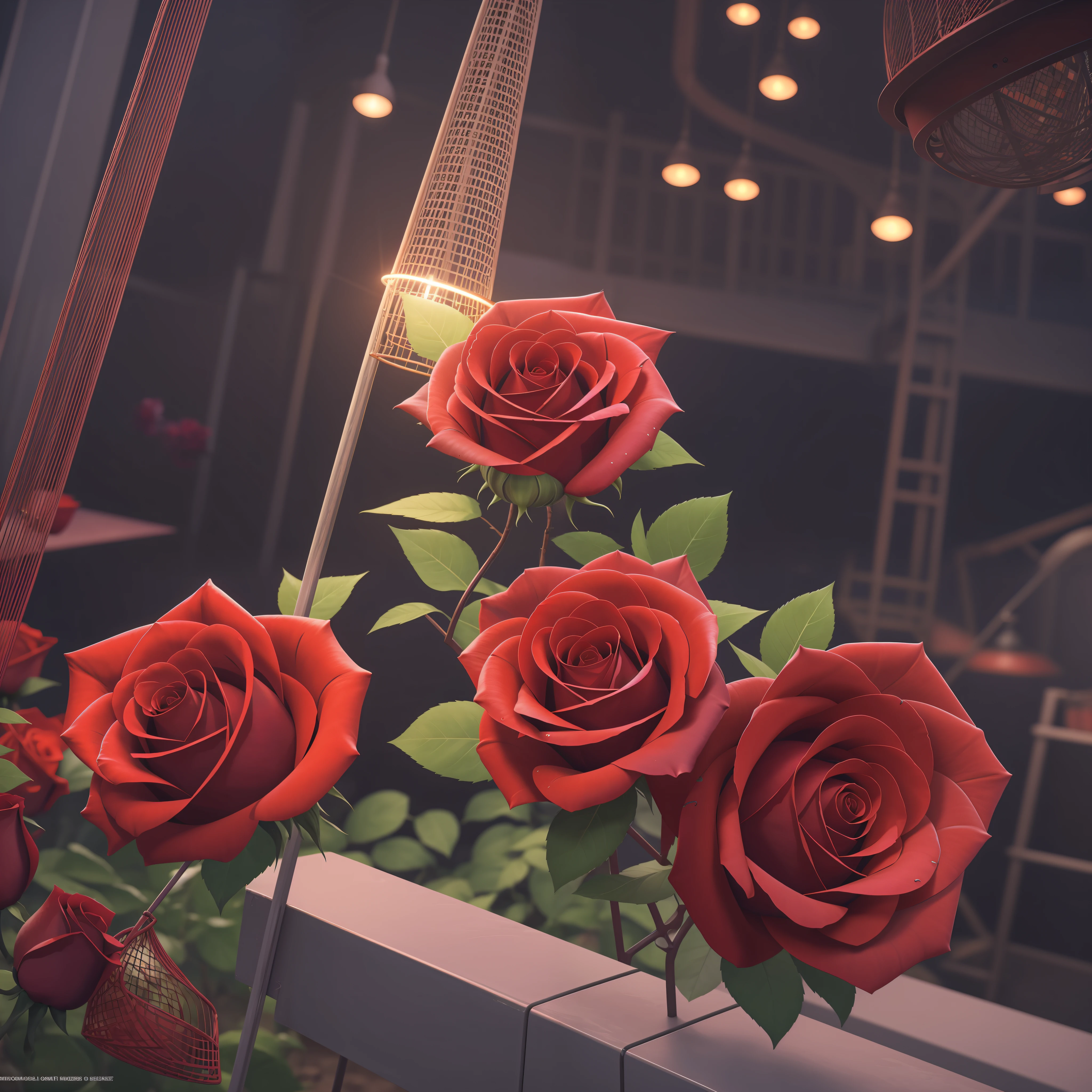 Super wide angle view, red rose icebulerosegarden + beautiful paintings in the factory area, tall factory with many iron frames, iron nets, factory lighting, Greg ratkowski, night, a little red rose on the iron frame, art station trend, low light, smoke, steel support, volume lighting, UE4, ZBrush, marmoset Kit HD --ar 9:16 --iw 10 --auto --s2