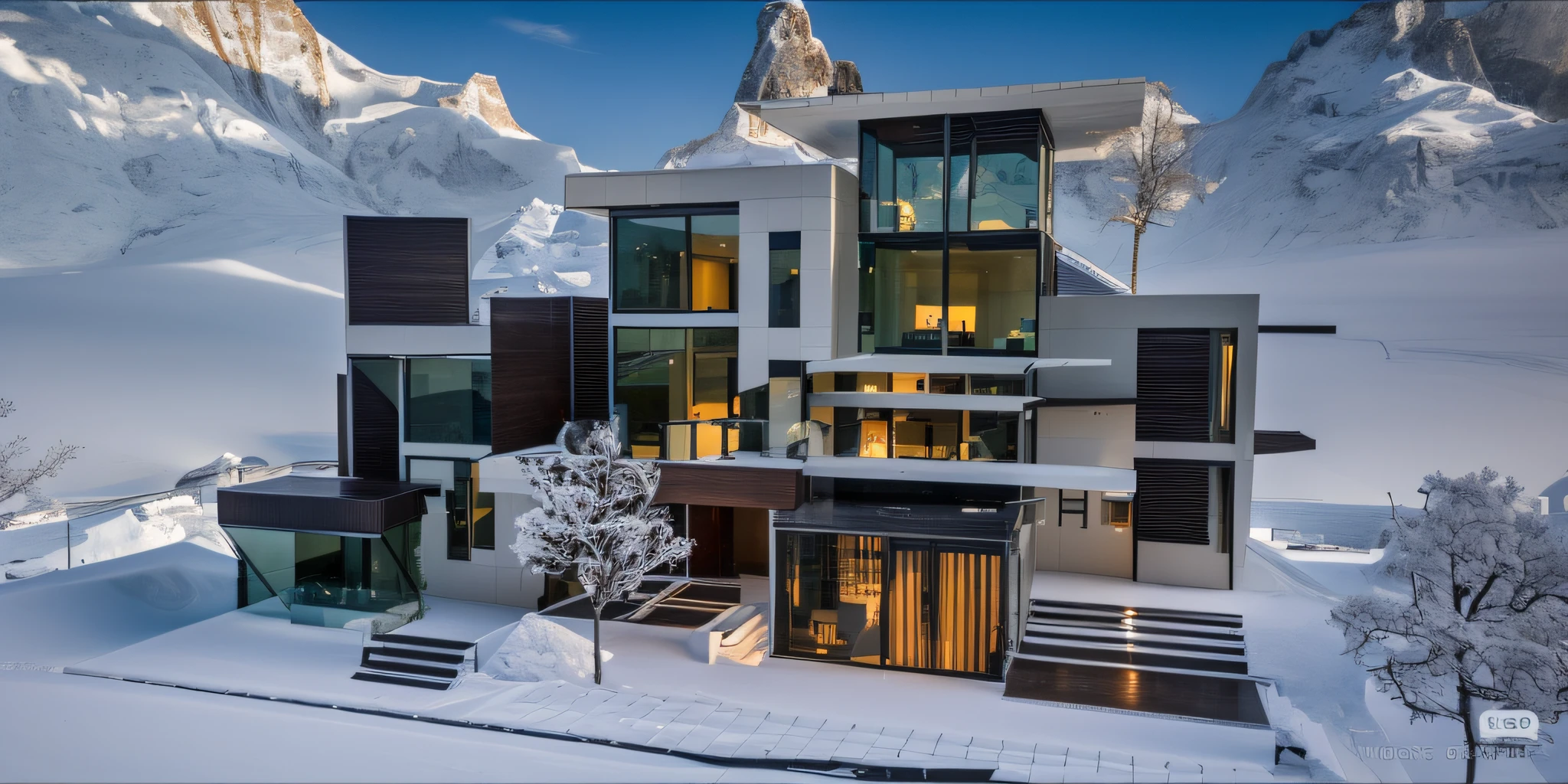 A mansion under a snowy mountain with a clear view of the river in the distance, exquisite courtyard, immaculate sky, masterpiece, highest quality, dvArchModern, 85mm, f1.8, photorealism, hyperrealism, orante, super detailed, intricate, dramatic, midday lighting, sharp shadows, high dynamic range