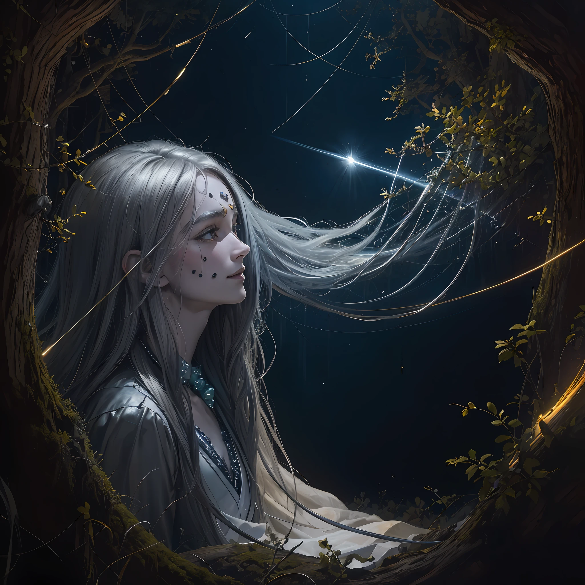 Masterpiece, best quality, MTSpider V4, (((ung innocent boy)), HDR, very detailed eyes and face, goth, solo, white skin, long hair, beads, japanese clothes, white kimono, silk, stone, forest, northern lights, spider silk, (glowing metal objects hovering in the air and encircling him: 1.2), (arcs and sparks: 1.2), (energy flow: 1.2), (translucent magnetic field lines: 1.2), (gold, silver gray and shimmering light effects: 1.2), horror art, fear, unified 8k wallpapers, ultra-detailed, beautiful and aesthetic, masterpiece, the best quality, deep and rich black shadows, mother earth, smiles, enchanting whimsical fantasy forest background, happiness, enchanting atmosphere, very detailed, dynamic angles, cowboyshot, most beautiful chaotic forms, elegance, fauvist design, bright colors, romanticism, by James Jean, Robbie Devi Antonio, Ross Tran, Francis Bacon, Michal Mlaz, Adrian Ganey, Petra Corright, Gerhard Richter, Takashi Yamamoto, Ashley Wood, Atmospheric