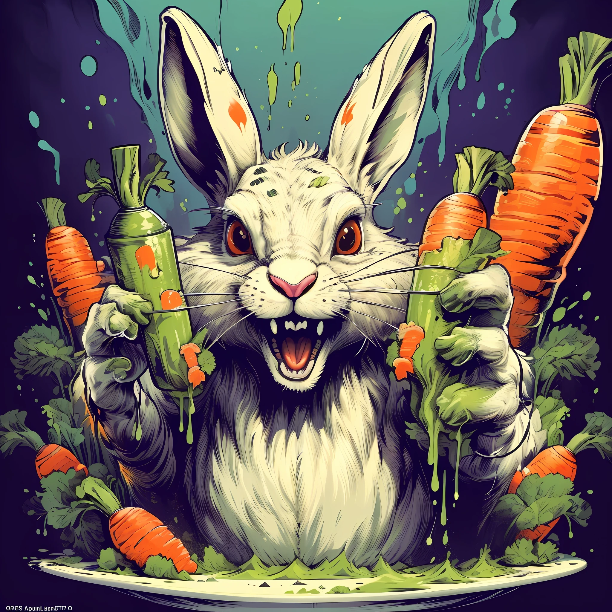 (Masterpiece: 1.2), Best Quality, (Illustration: 1.2), Solo, Zairabit Eating Carrots, Long Ears, Holes in the Ears, (Muscles: 1.2), Fierce Expression, Chain, (Colored Paint Splattered on Background, Dulux, ), First-Person View, Sony Master Shot