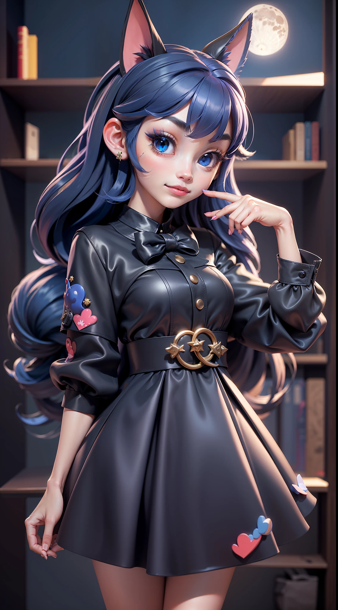 3dmm style,(masterpiece, best quality:1.4), midnight, cool, vivid, mesmerizing, 1girl, dress, dog ears, moon