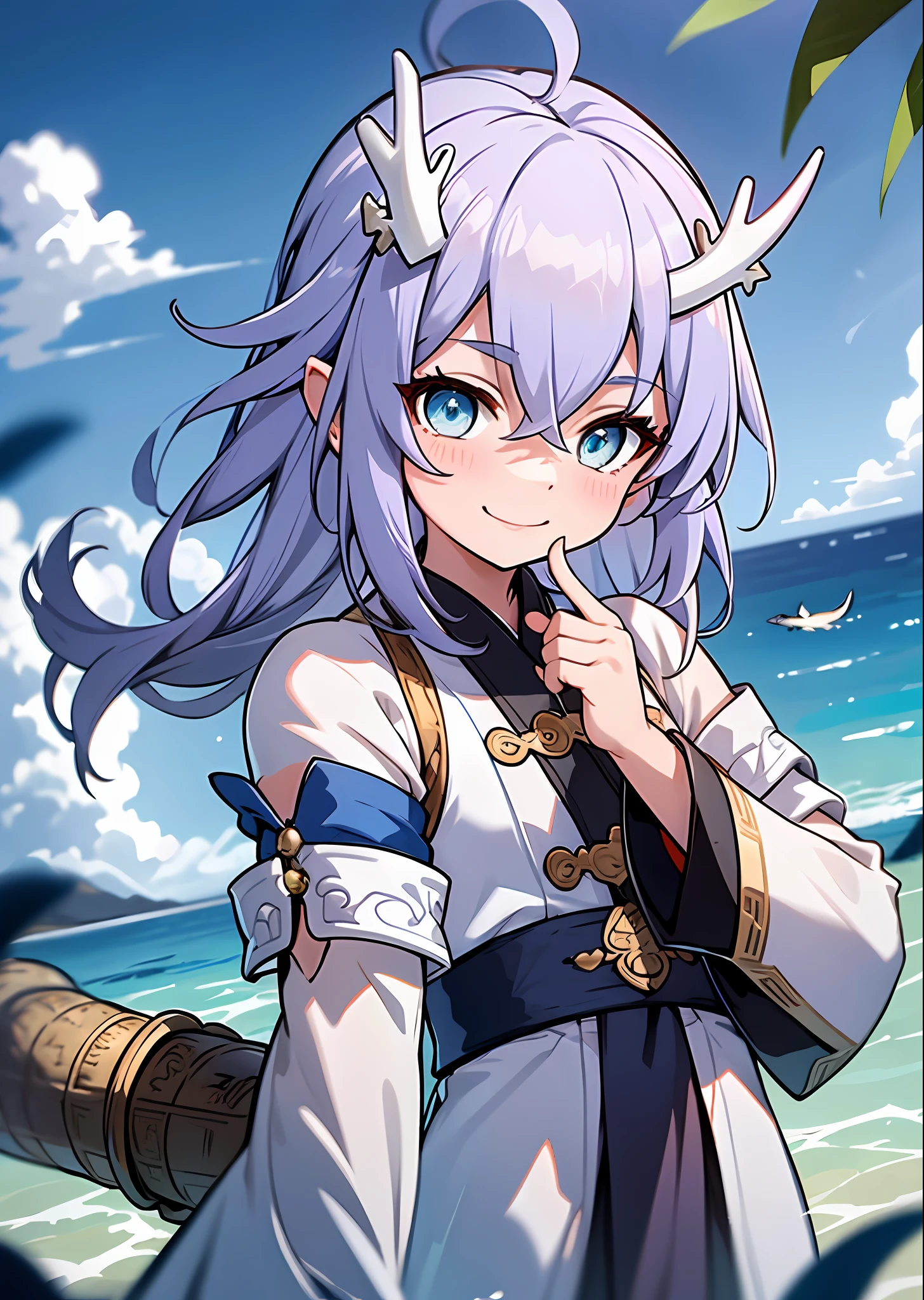 (Best Quality: 1.3), (Masterpiece: 1.3), (Illustration: 1.3), (Ultra Detail: 1.3), (Imid Shot: 0.9), 1girl, solo, very young, upper body, short neck, small breast, child (soaking in stream: 1.2), dragon tail, girl, blue eyes, jewel eyes, shut up, smile, happy, naughty face, water, fish, ocean, two dragon horns on the head, white and blue hanfu, oriental dragon, little dragon man