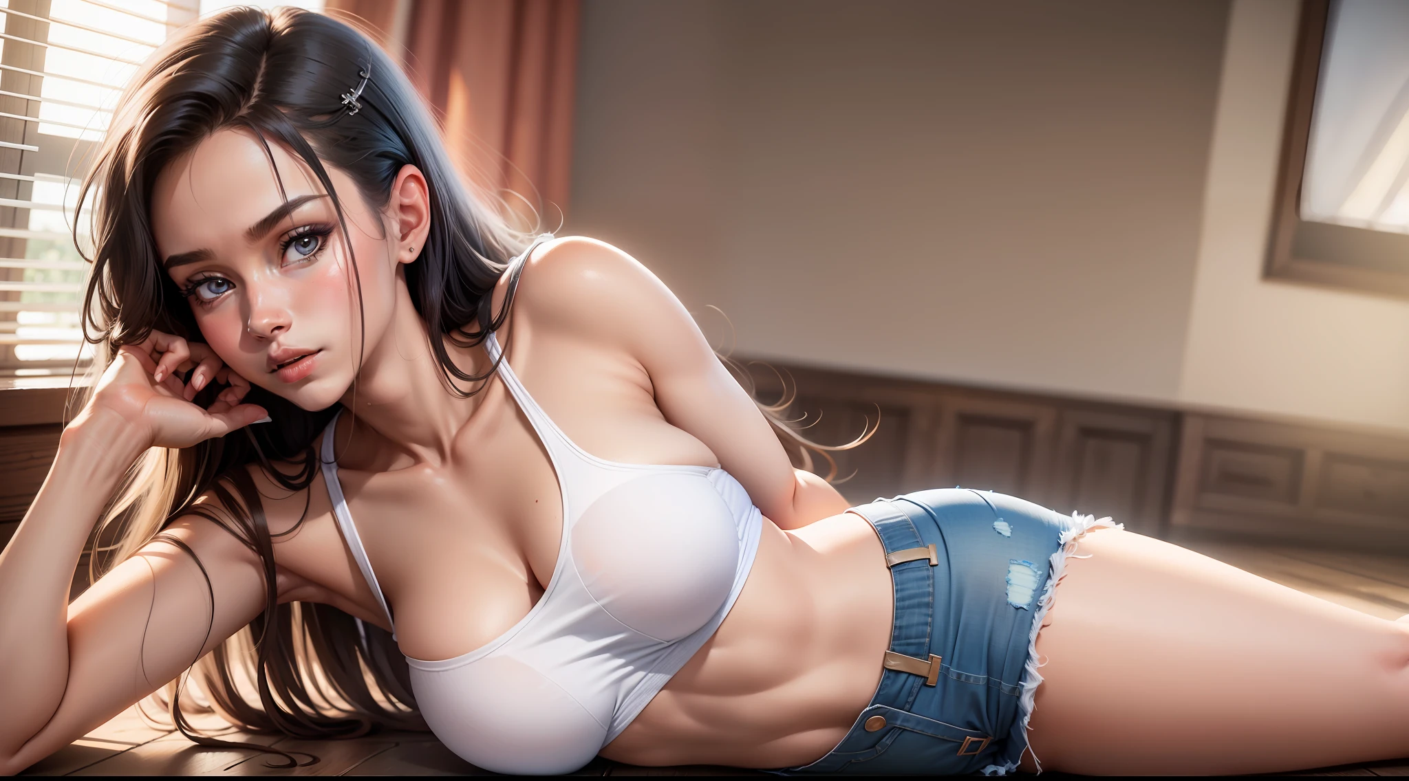 Girl in white bra and tight denim skirt posing for photo, full body, legs spread, with cut T-shirt, bra, slim body, slim waist, big bust, huge breasts, slim girl model, wide hips, thick thighs, ig model, lying down on the floor, modern, high detail, Surrealism, depth of field, god rays, ray tracing, cowboy shot, UHD, masterpiece, anatomically correct, super detail