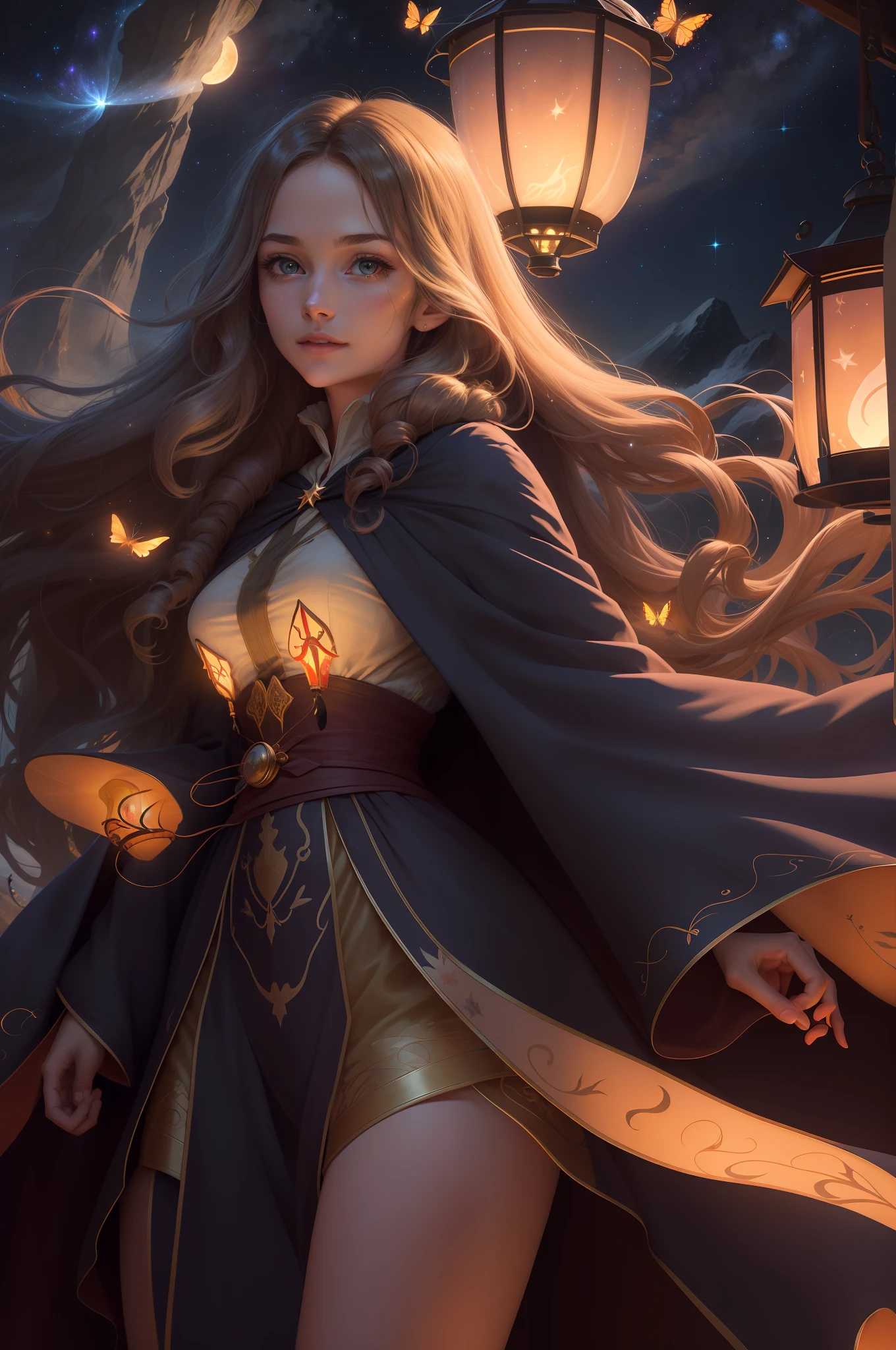 [Highest quality], [stunning] CG illustrations, [dynamic posture] woman with exquisite facial features. Lanterns swaying in the mountains at night, clouds fluttering, full moon illuminating. Her long hair swayed, silhouettes floating, fireflies and butterflies fluttering, and starlight twinkling. The blessings of light come. Wizard, Robe