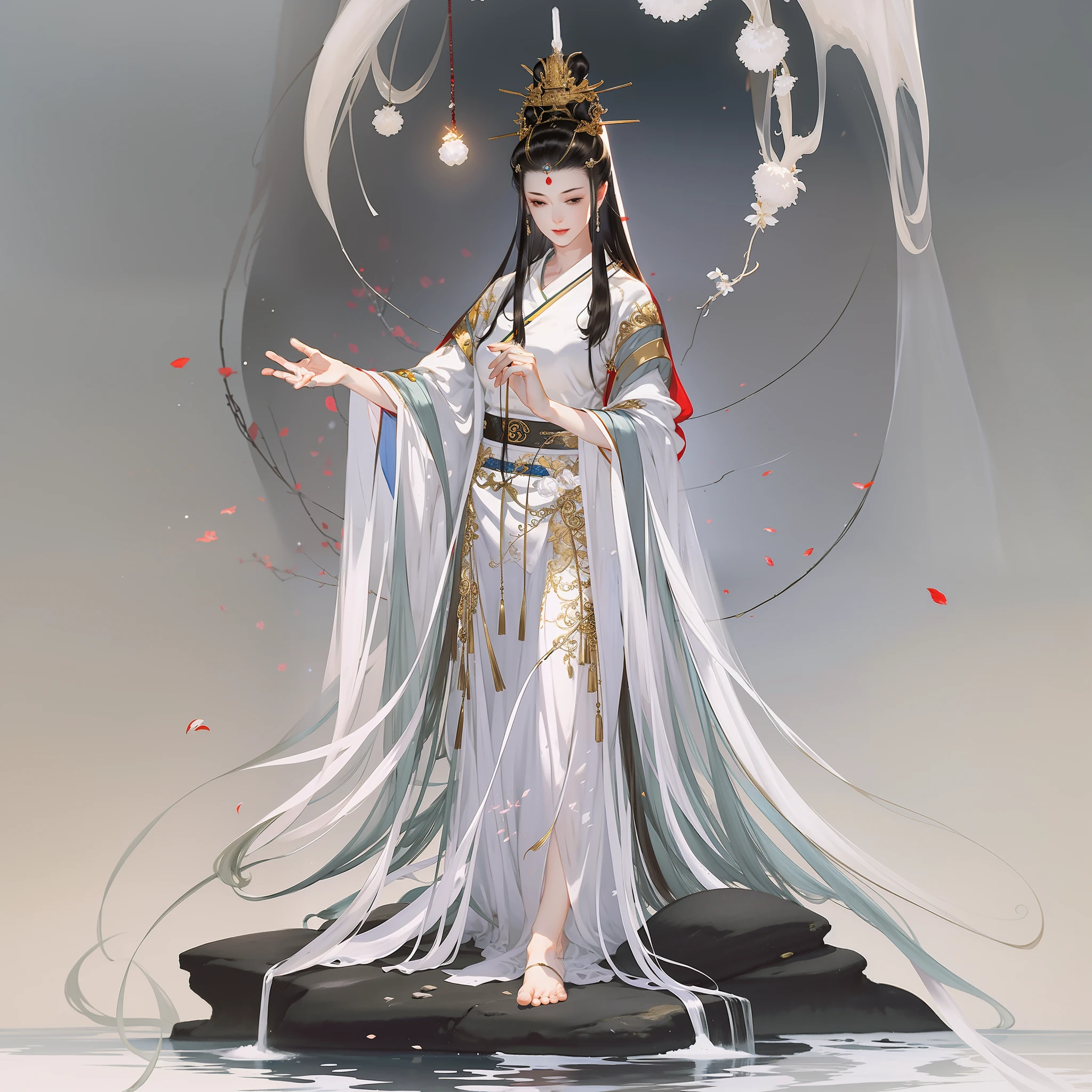 An ancient Chinese girl, full body, barefoot, eyes closed, red mole on the eyebrows, amazing facial features, (crown veil), Buddha light, flowing white Hanfu, pure white, no ornaments, game model, stunning lighting, C4D, OC renderer, pure black background, movie edge light, fine light, masterpiece, super detailed, epic composition, super HD, high quality, highest quality, 32k