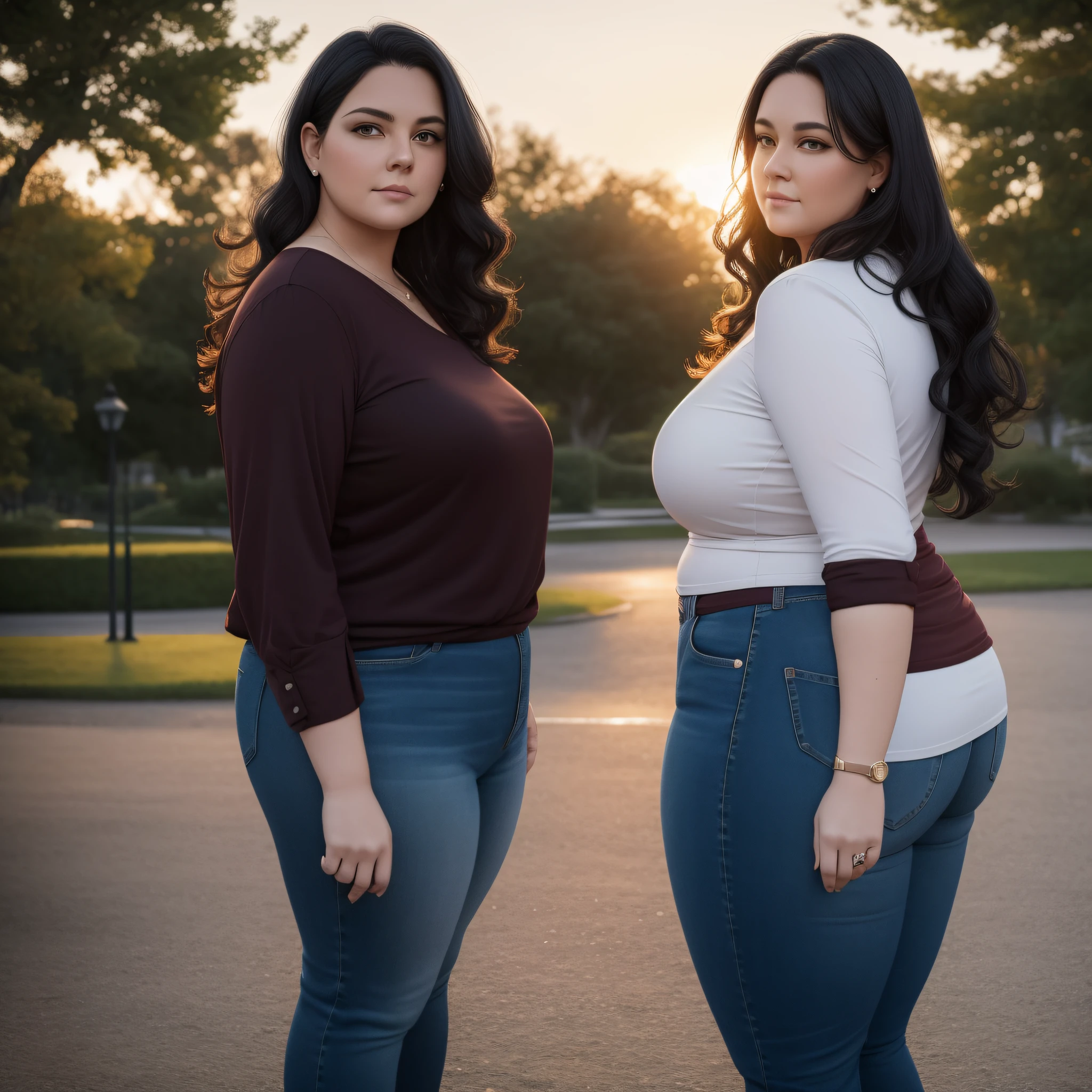 Woman, white, fat, 90 kilos, plus size, 40 years old, wavy black hair, in a late afternoon, in the park at sunset, in jeans and red blouse, https://i.imgur.com/um0nZbg.jpg