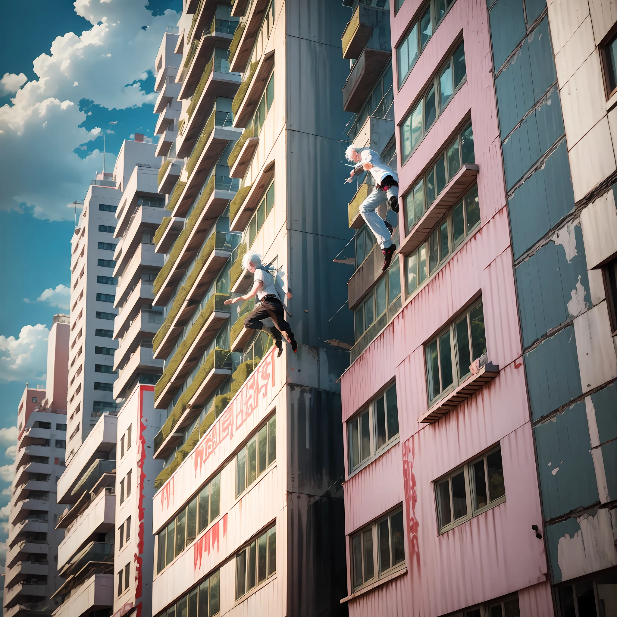 Anime boy with white hair hiding behind a building chased by zombies