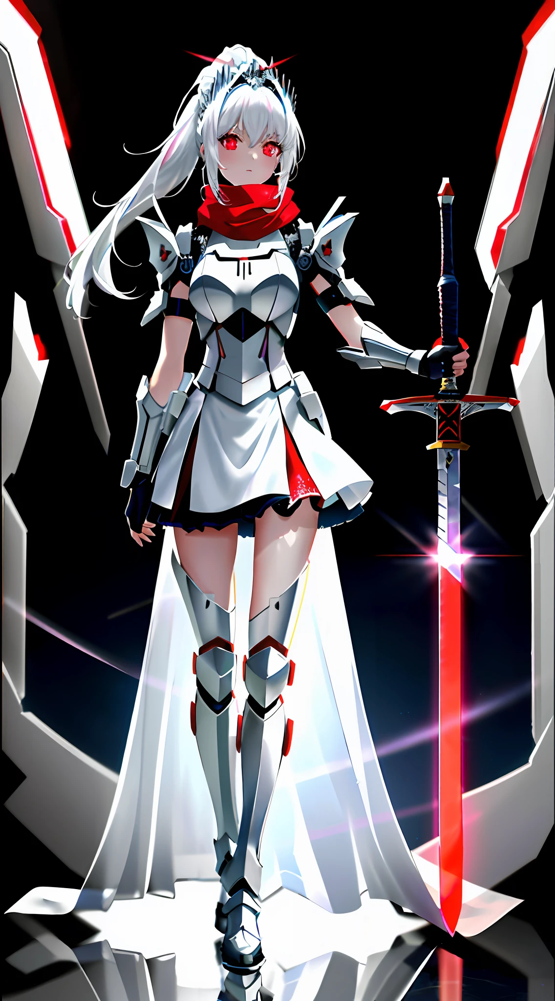 Very accurate detail, highly detailed 8K wallpaper, (Extraordinary Pretty Girl: 1.5), Broken, Light White Hair, Ponytail, White Miniskirt, (Red Glowing Eyes: 1.1), Fracture, Perfect Five Fingers, Headdress, Fracture, (Dynamic Angle: 1.4), Blue Translucent Longsword, Full Body, Standing, Sci-Fi Exoskeleton, Red Scarf, Holding a Sword,