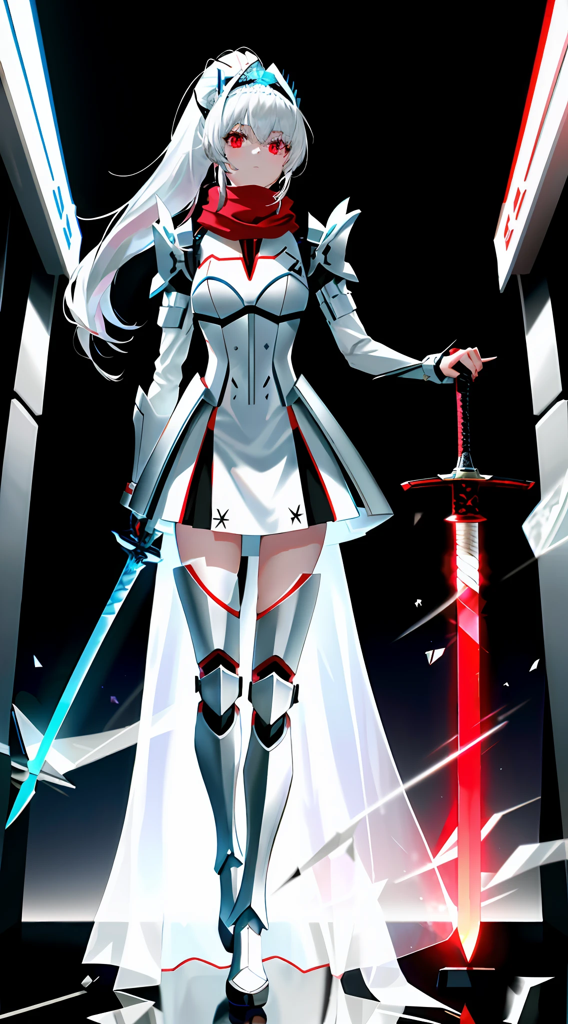 Very accurate detail, highly detailed 8K wallpaper, (Extraordinary Pretty Girl: 1.5), Broken, Light White Hair, Ponytail, White Miniskirt, (Red Glowing Eyes: 1.1), Fracture, Perfect Five Fingers, Headdress, Fracture, (Dynamic Angle: 1.4), Blue Translucent Longsword, Full Body, Standing, Sci-Fi Exoskeleton, Red Scarf, Holding a Sword,