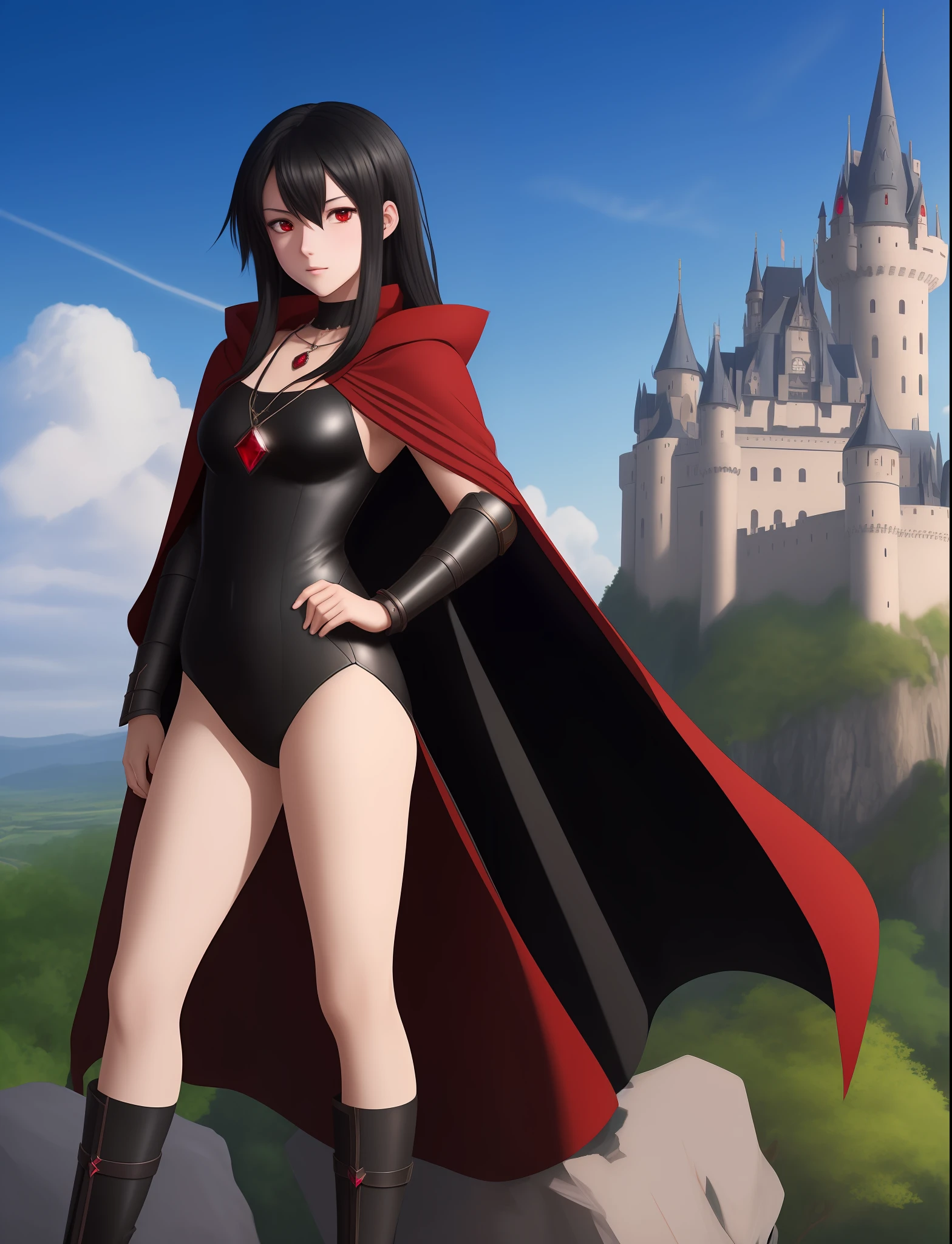 prepubescent, beautifully, full body,, A realistic anime girl with black hair with red tips, eyes the color of fluorite, dark armor, black cloak and a necklace with a ruby on her neck, standing atop a castle wall overlooking a vast landscape.