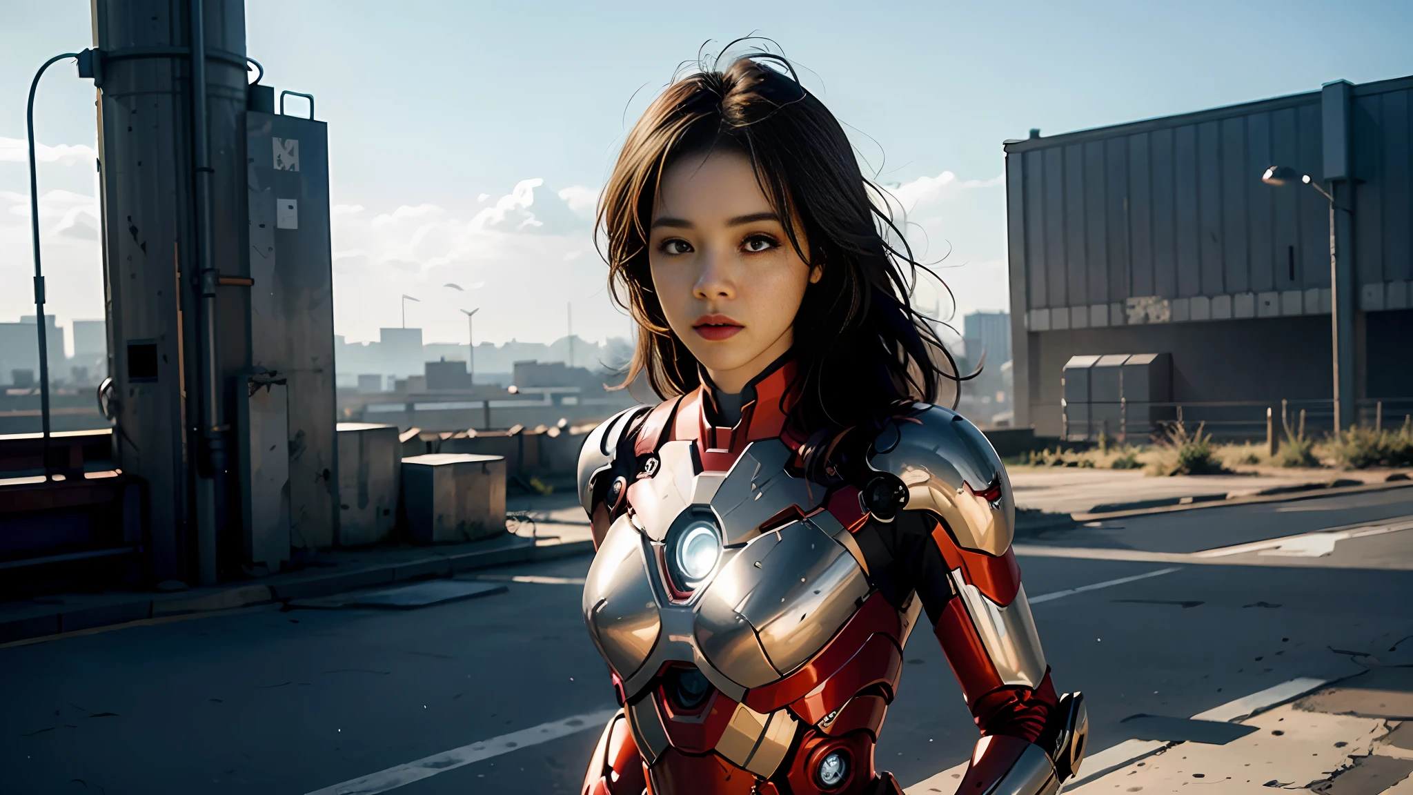 8k, realistic, attractive, highly detailed, a 20 year old girl a sexy and attractive woman inspired by Iron Man wearing a shiny Iron Man mech. She dresses with sexiness and confidence, perfectly interpreting Iron Man's strength and charisma. The abandoned warehouse serves as a backdrop, creating a unique atmosphere that highlights her bravery and perseverance. The cloudy sky adds a sense of tension and mystery to the whole scene. This high-definition, high-quality picture will bring you a shocking visual experience. The detailed abandoned warehouse and shiny mechs will keep your eyes on you. oc rendering, dramatic lighting, award winning quality