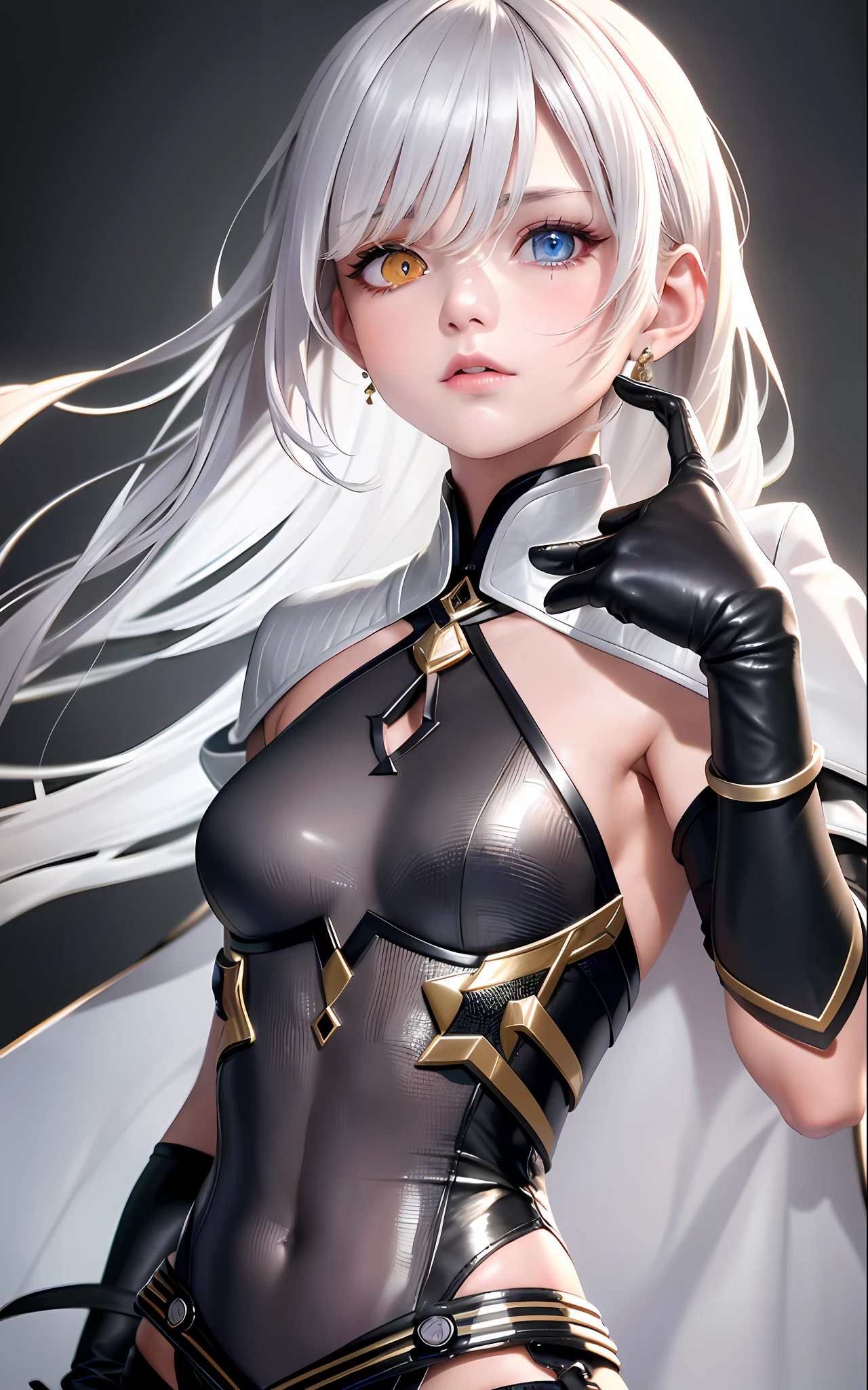 Superb Style, High Resolution, Best Quality, UHD, Super Detail, Award-Awarded, 16k, (Upper Body), A Beautiful Maiden, Gray Hair, Hair, ((Heterochromia)), Hanging Corners, Fair Skin, (Small Breasts), (Slim Body), ((Short Jacket), (Neck Ring), (Short Glove as Short as Half a Palm)