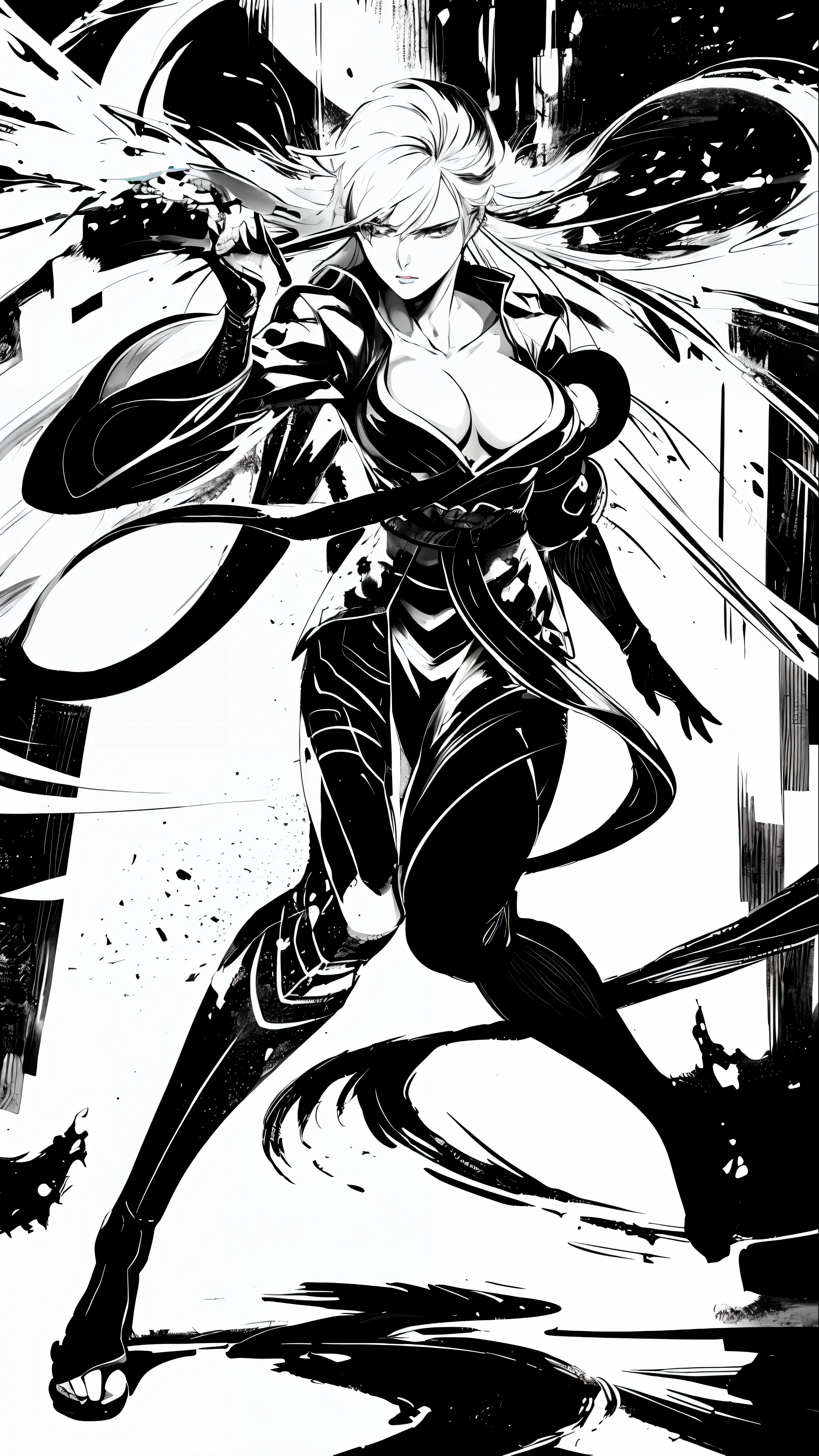 Pen black and white manga, grayscale, Japanese master black and white anime works, great line art, full body portrait of a woman with white hair and white skin, real dim light and shadow, light and shadow following, beautiful character painting, height 180cm, Guvitz, Guvitz style artwork, white hair god, Yang J, epic exquisite character art, amazing character art, Fan Qi, Wu Jun Shifan, Gu Wiz at Pixiv Art Station