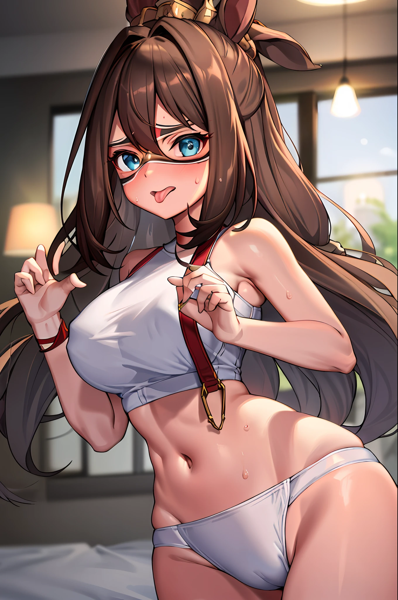 One girl, ??????, big, navel, ????, (masterpiece, top quality), horizontal lightning, fine and beautiful eyes, angry face, tongue sticking, tongue sticking, supratongue, madness, opening mouth, screaming, rough-faced, blush, sweat, mask,
1 girl, big, standing, indoors, bedroom, , gravure pose, mask, big, whip