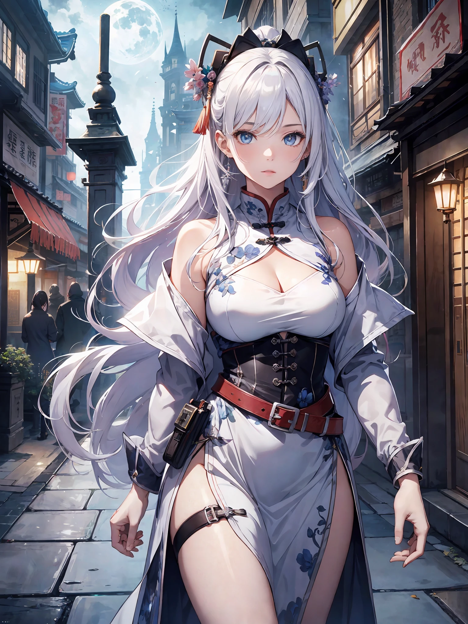 Masterpiece, Best Quality, Night, Full Moon, 1 Girl, Mature Woman, Chinese Style, Ancient China, BREAK Sister, Royal Sister, Cold expression, expressionless face, Silver white long haired woman, Light pink lips, Calm, Intellectual, Three belts, Gray pupils, Assassin, Short knife, Chinese town with petal  background, Strolling in the street scenery BREAK Detailed,Realistic,4k highly detailed digital art,octane render, bioluminescent, BREAK 8K resolution concept art, realism,by Mappa studios,masterpiece,best quality,official art,illustration,ligne claire,(cool_color),perfect composition,absurdres, fantasy,focused,rule of thirds