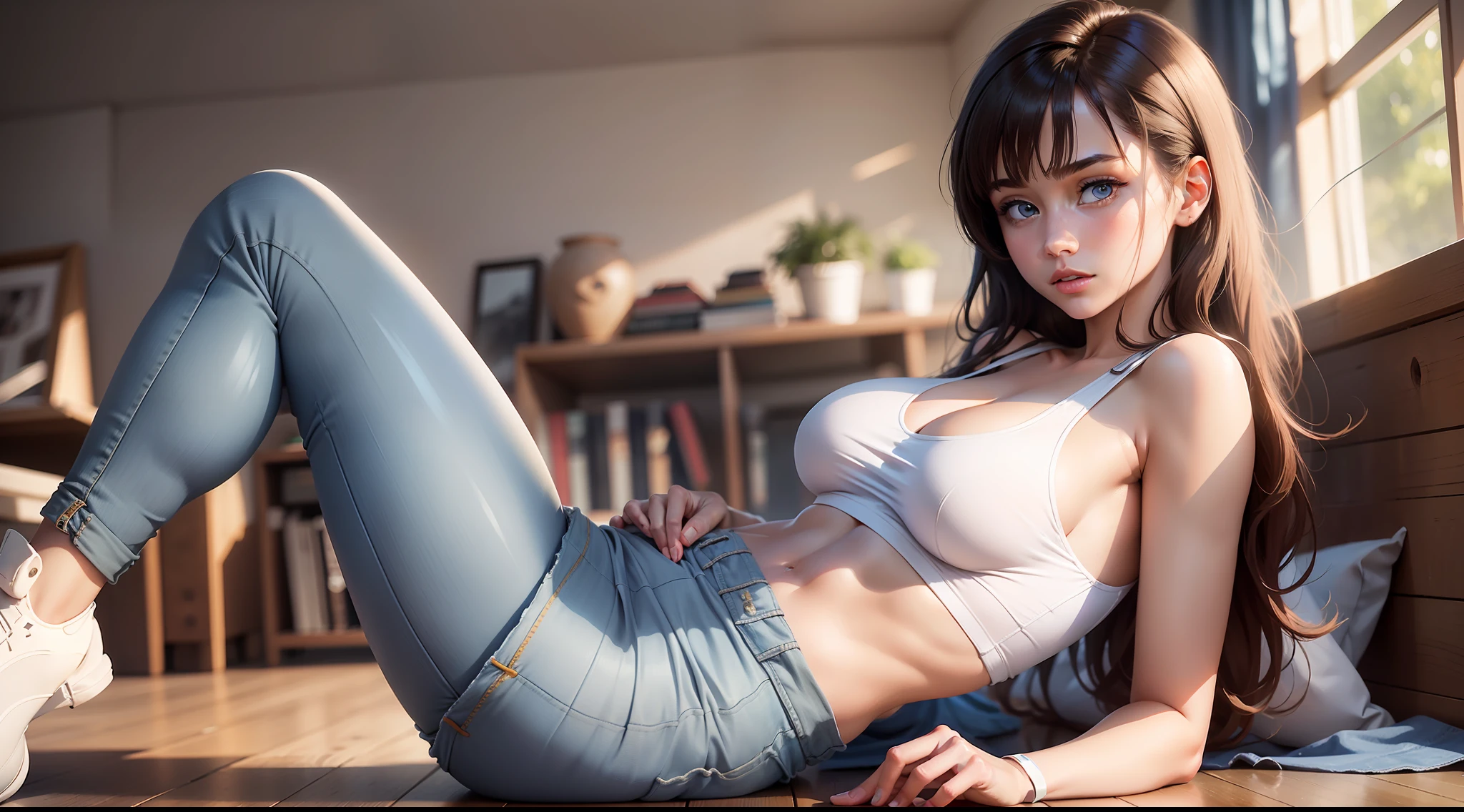Girl in white bra and tight denim skirt posing for photo, full body, legs spread, with cut T-shirt, bra, brown hair, blue eyes, armpits, slim body, slim waist, big bust, huge breasts, slim girl model, wide hips, thick thighs, ig model, lying down on the floor, modern, high detail, Surrealism, depth of field, god rays, ray tracing, cowboy shot, UHD, masterpiece, anatomically correct, super detail
