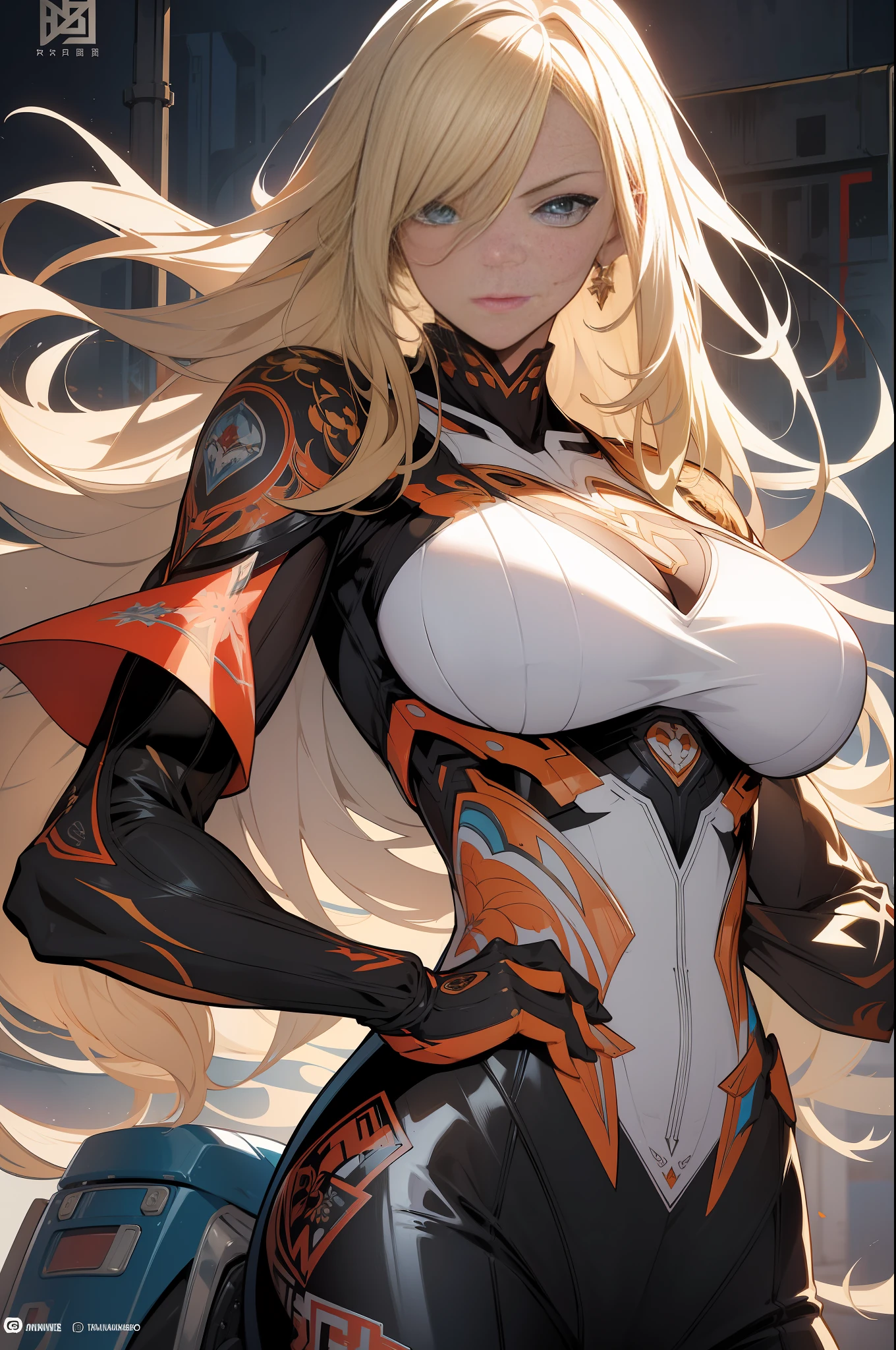 background, mixed-language_text, Japanese letters in graffit, girls, long blonde hair, excellent lighting, sidelighting, perfect ultimate (flat color: 1.3), (magazine_cover: 1.4), (multicolored_background: 1.3), striped_background, card_background, :: comix style by joe madureira :: circular pieces of white metals glued to the ultra detailed arms coming out sparkling shine, perfect and detailed, ultra detailed shirt with abstract design and with Japanese letter print in graffit of the sides of clothing, image of girls with big breast, on top of a futuristic motorcycle, with immersive effects, hover effect, background graffiti style tribal tattoo with flowers and vibrant colors, "ultra HDR" detailed and with focus effect, (masterpiece: 1.2, best quality), (beautiful eyes with huge eyelashes finely detailed: 1.2), , ((Solo)), (Finely detailed eyes and detailed face: 1.3), in various full-body attack poses, (cute background: 1.2),futuristic costume, super detailed circular metals Clinging to the arms and pants, fantastic paintings