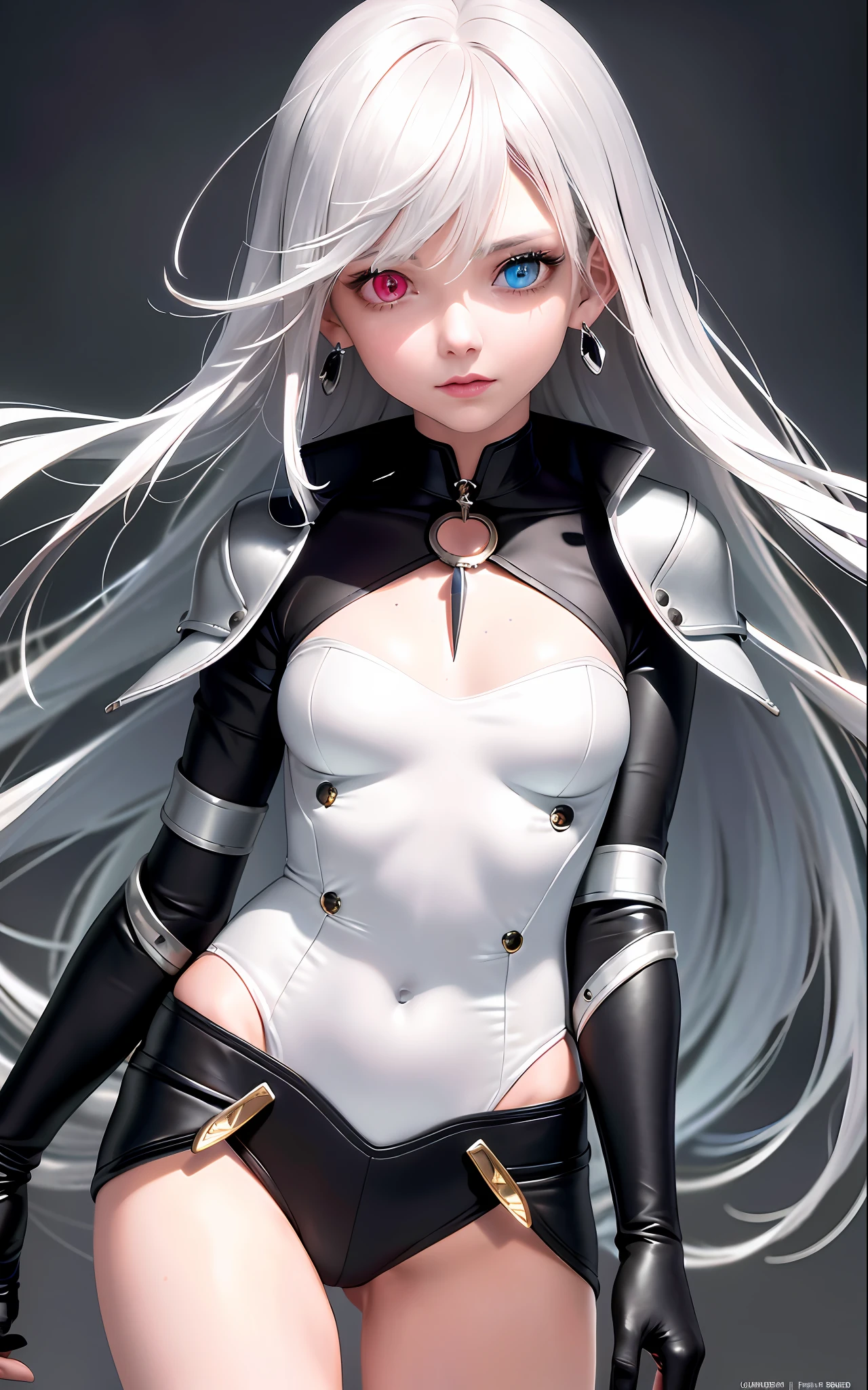 Superb Style, High Resolution, Best Quality, UHD, Super Detail, Award-Awarded, 16k, (Upper Body), A Beautiful Maiden, Gray Hair, Hair, ((Heterochromia)), Hanging Corners, Fair Skin, (Small Breasts), (Slim Body), ((Short Jacket), (Neck Ring), (Short Glove as Short as Half a Palm)