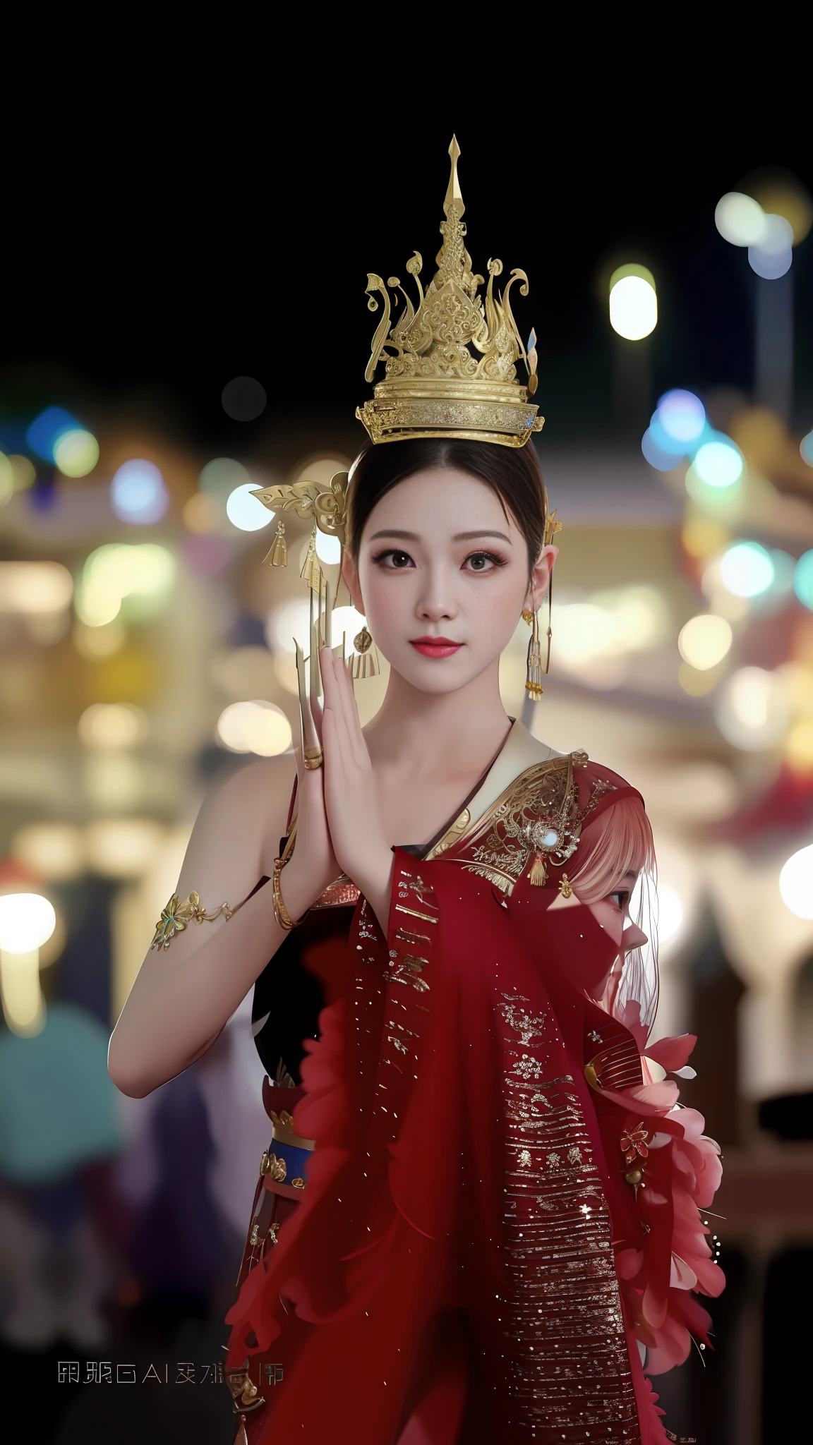 Allad woman standing in front of the crowd in red dress and crown, anime Thai girl, traditional beauty, Thai art, Sukhothai costume, Dila badir Murat, beautiful fantasy queen, beautiful goddess, inspired by Lan Ying, beautiful oriental woman, Chinese princess, Chinese girl, inspired by kinnong, aesthetic !!!!!! Female elf, high image quality restoration, high quality, super high resolution, accessories super detail quality, perfect facial features, dynamic vivid expression performance, 4k, 8k, perfect details, delicate and moisturized skin,