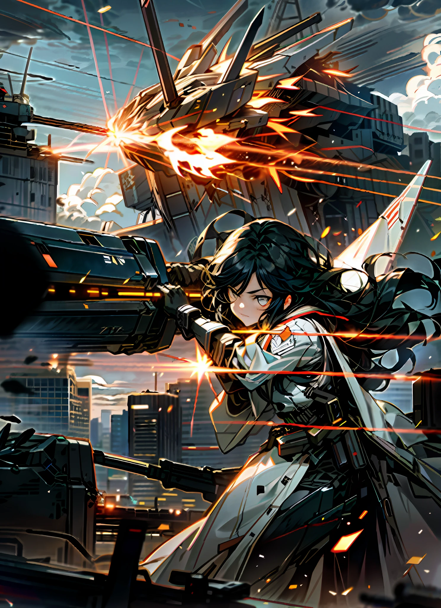 sky, clouds, holding_weapon, glow, robot, building, glowing_eyes, mecha, science fiction, city, reality, mecha, girl, delicate face, long black hair, battle with battleships, explosions, attacks, forbidden spells,
