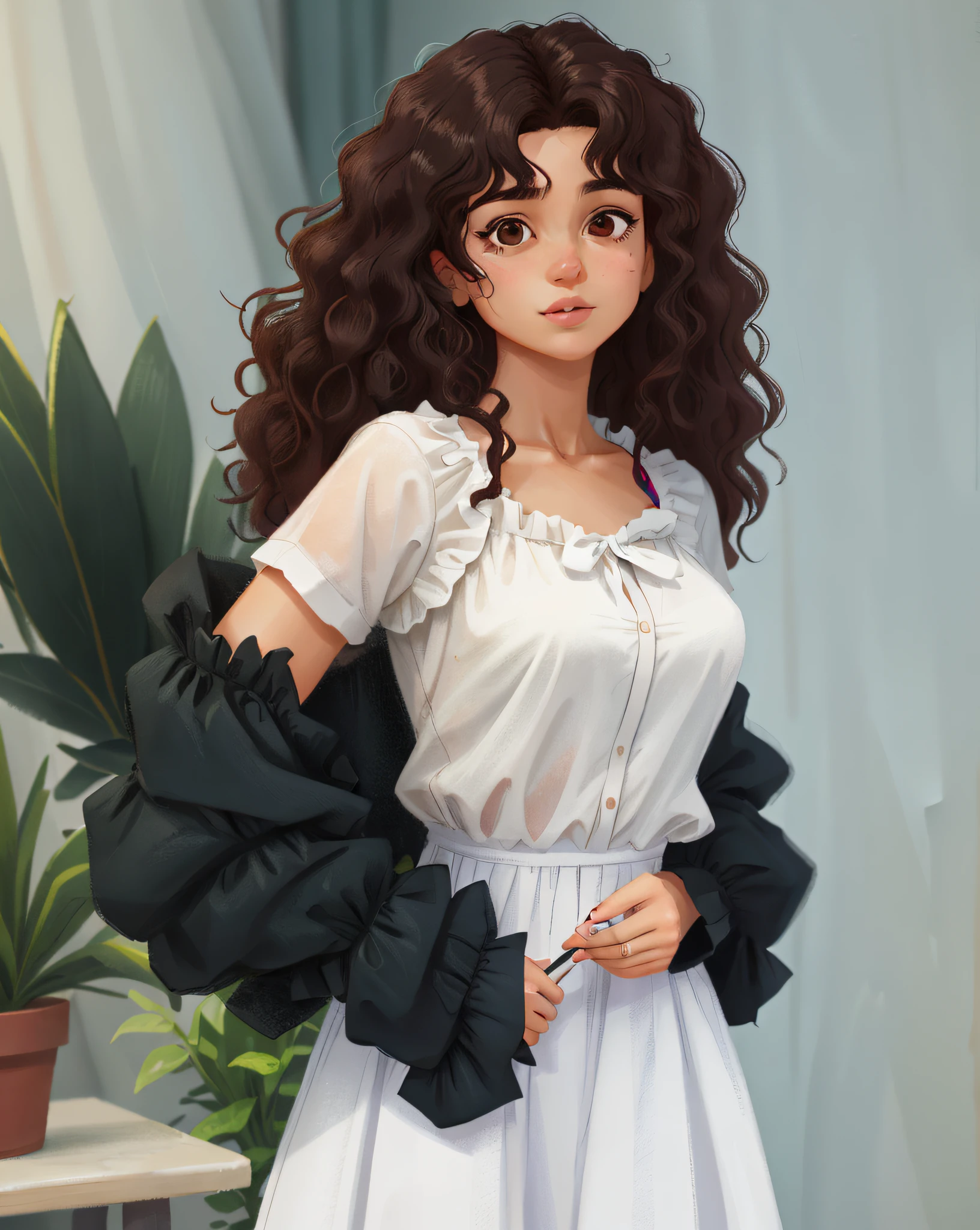 Two-dimensional, HD, (best detail) (best quality), bust photo of a curly-haired woman