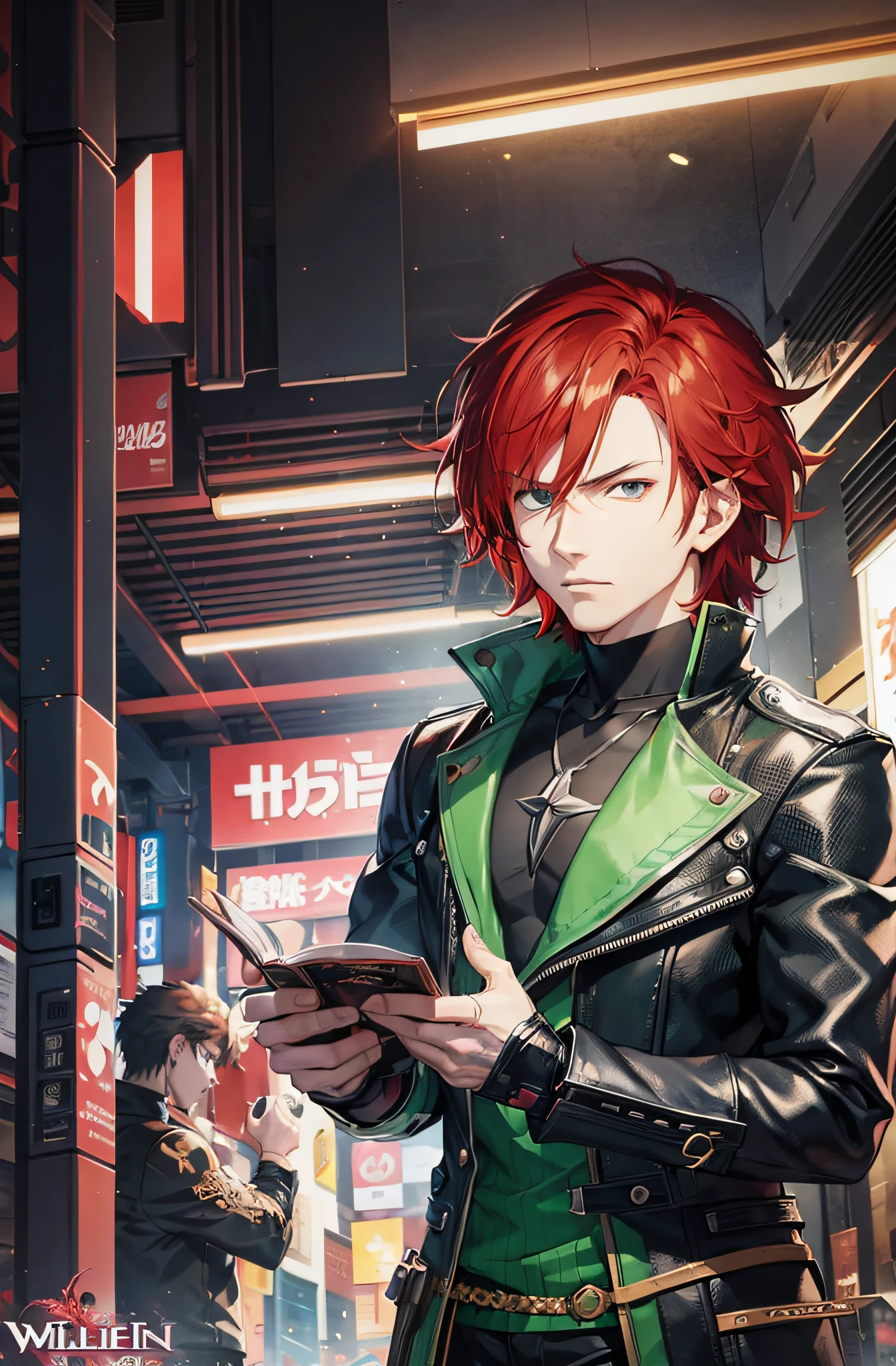 Man with Red Hair and Green Eyes Anime Book Cover, New Video Game Cover, Villain, Anime Cover, Willian, アニメ, Game Cover, Akihiko Yoshida, Packshot, Visual Novel Visual, LitRPG Novel Cover, Modern Cyberpunk Anime, Stylized Urban Fantasy Artwork, Fantasy TTRPG Villain, Official Fan Art