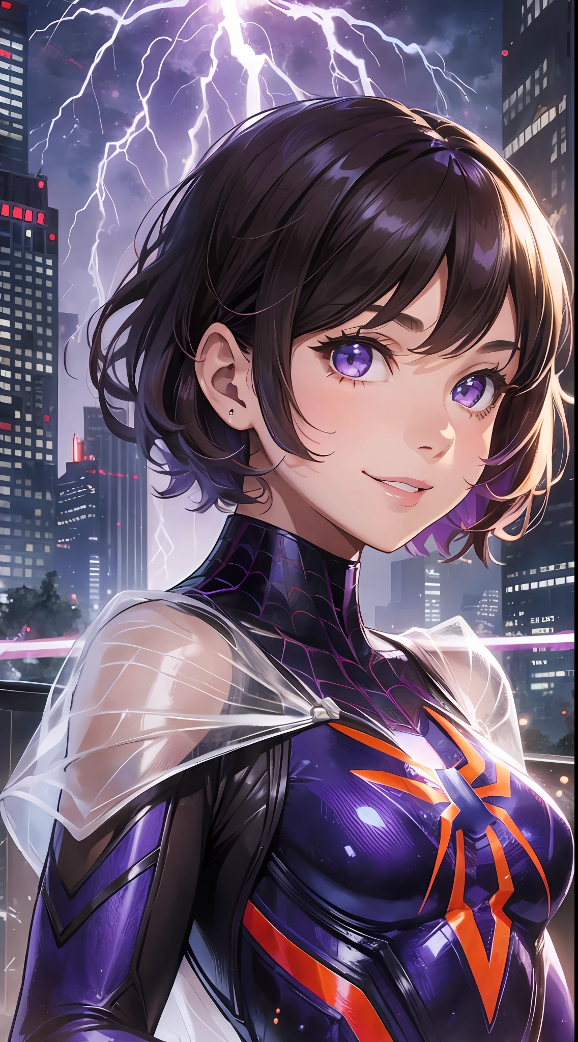 Young girl, short brown hair, purple eyes, Spider-Man 2099 shape, smile, cobweb, lightning, masterpiece, high quality