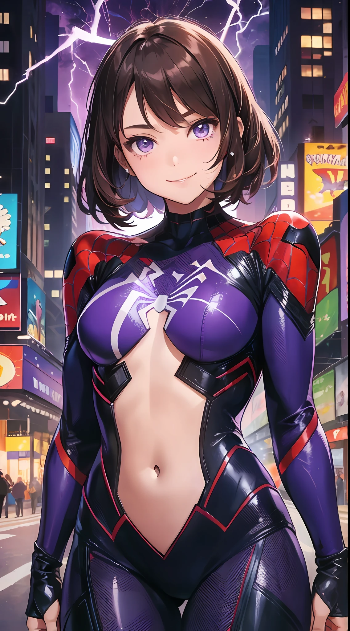 Young girl, short brown hair, purple eyes, Spider-Man 2099 shape, smile, cobweb, lightning, masterpiece, high quality