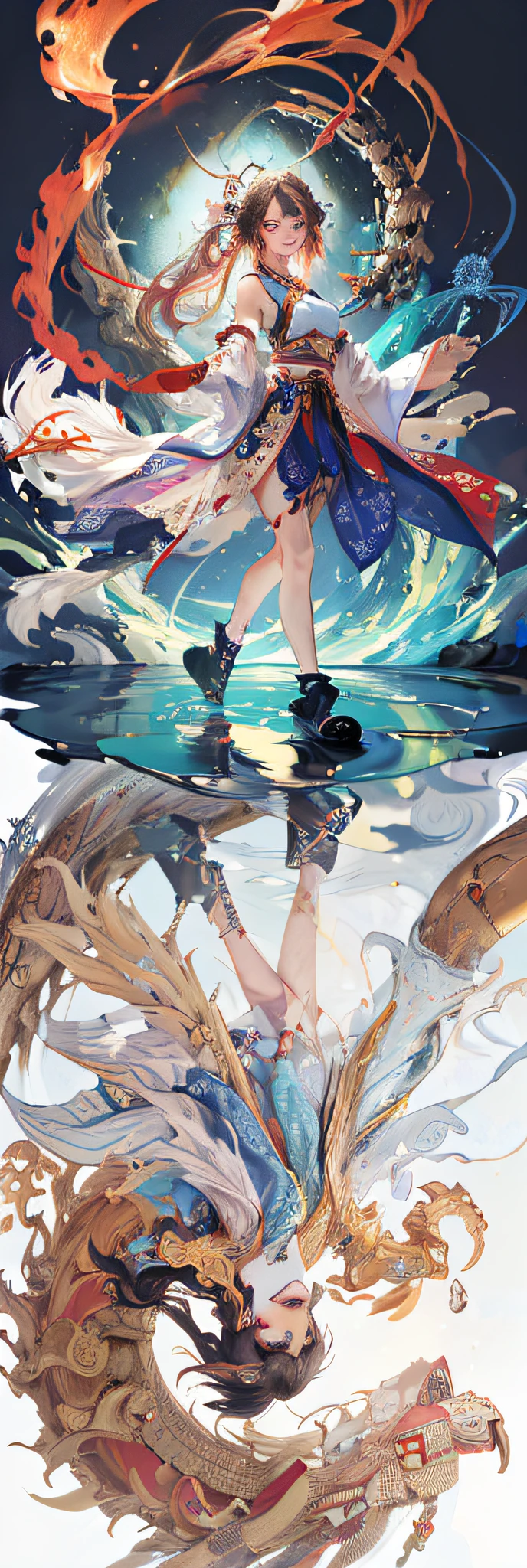 Official Art, Unified 8K Wallpapers, Ultra Detailed, Beautiful and Aesthetic, Masterpiece, Best Quality, (Zentangle, Tangle, Entangle), (fractal art: 1.4), 1girl, black hair, Chinese, bare shoulders, short skirt, calf, navel, very detailed, dynamic angle, cowboyshot, (most beautiful form chaos), flowing, (bright colors), oc, (half: 1.2), china, (thangka flying sky: 1.5), (ribbon: 1.3), (dream: 1.5), (hanfu: 1.5), Chinese dragon, Chinese phoenix, (smile: 0.5), (Chinese deity),