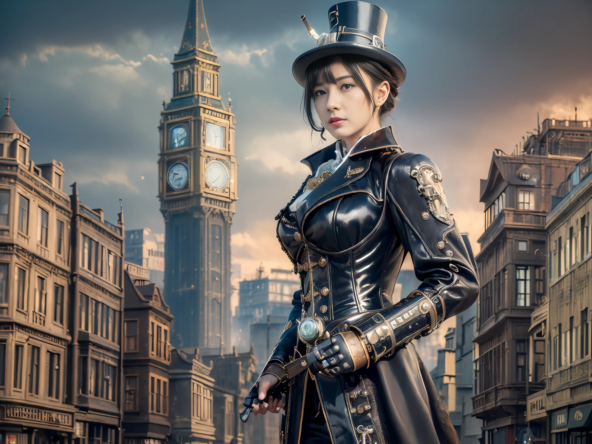 ((8k masterpiece:1.5)), ((hi-tech beautiful woman:1.3)), (Sherlock Holmes theme:1.2), (steampunk style:1.2), (detective outfit:1.1), (Victorian era setting:1.0), (modern tools:1.1), (mysterious atmosphere:1.2), (dusky sky:1.0), (cityscape background:1.0)