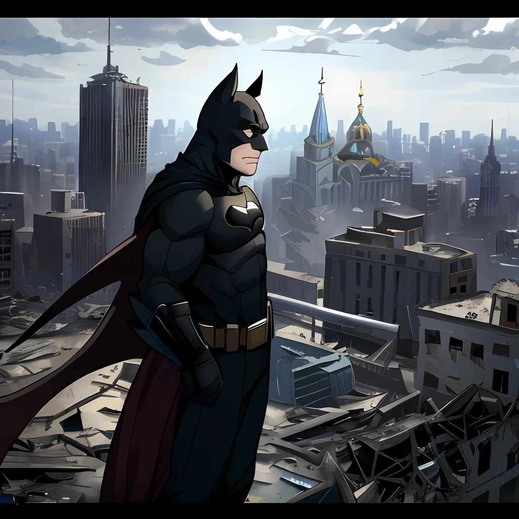 Batman wearing costumes he is looking at the top of a destroyed building in the city of kiev during the war at the top of the building there is something batman this with the worried countenance,day