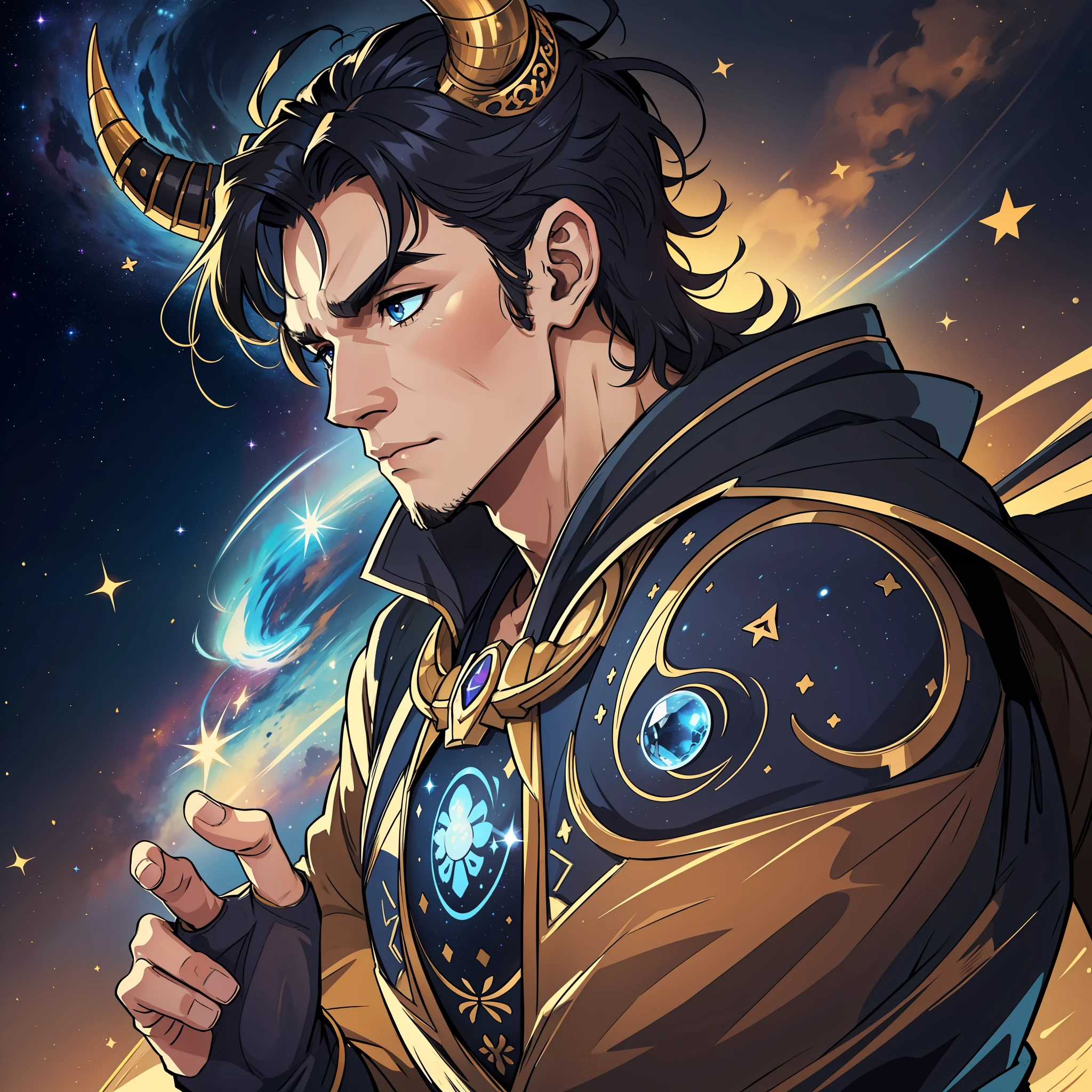 "Create a man with unique characteristics, inspired by the sign of Taurus and the cosmological stars. An artistic representation of the essence of this sign with striking features and striking facial features. Use perfectly balanced lighting to highlight your key features, a low-angle perspective to emphasize your strength and stamina, ultra-realistic details that accentuate your masculinity. Incorporate visual elements of the zodiac for a unique and identifiable view of the sign of Taurus."