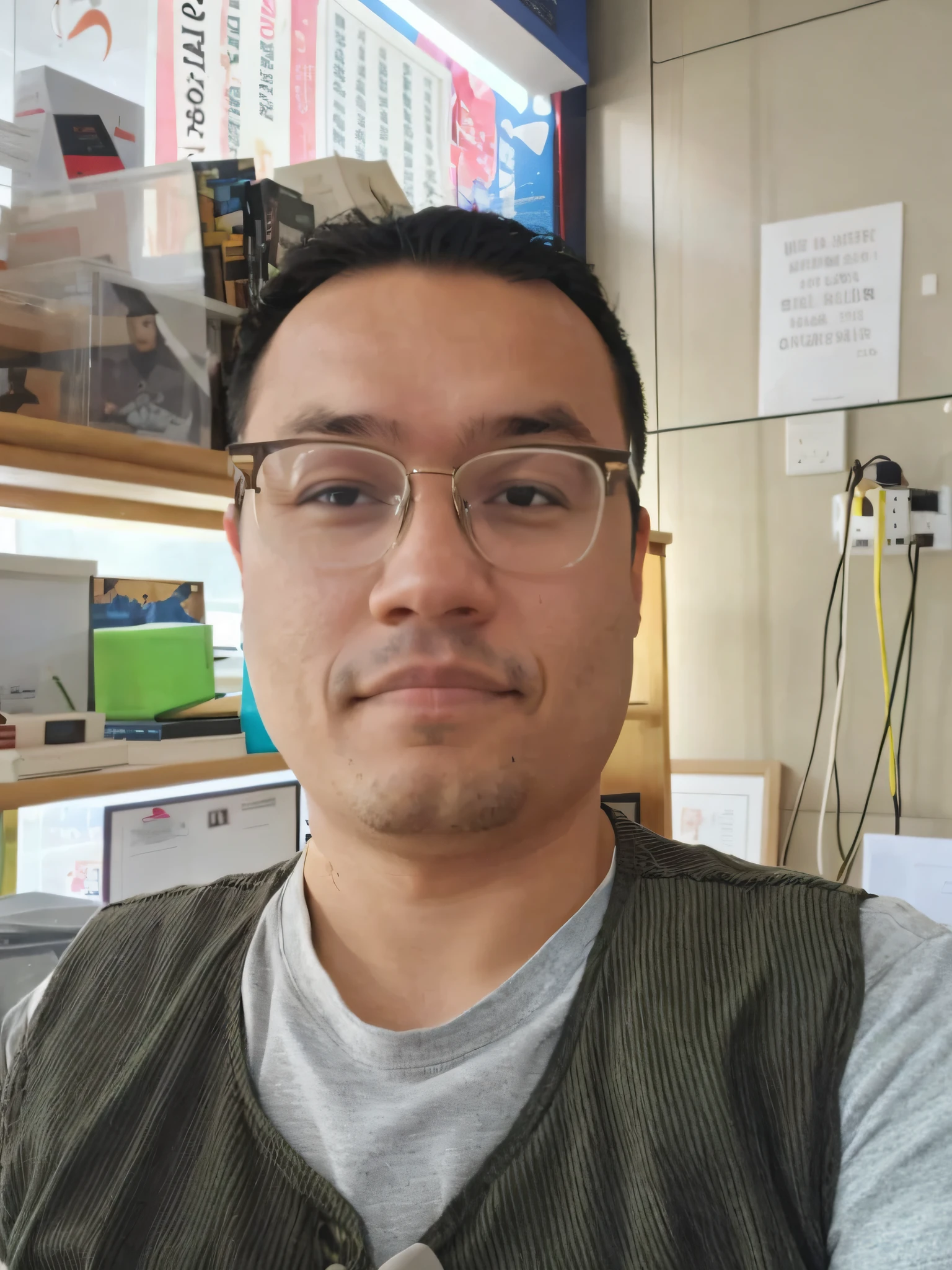 A man in a glasses vest sits in the room, with a study in the background, modern in style